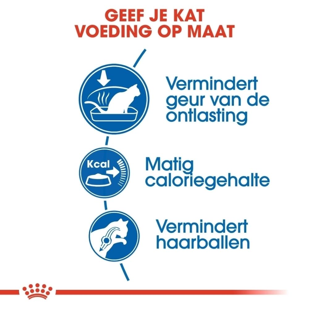 Drie voordelen van kattenvoer: vermindert geur, matige calorie-inname, vermindert haarballen.