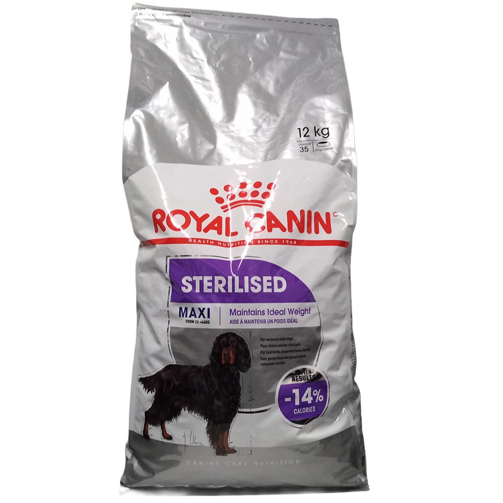 Zak Royal Canin Maxi Sterilised hondenvoer van 12 kg met afbeelding van een hond.