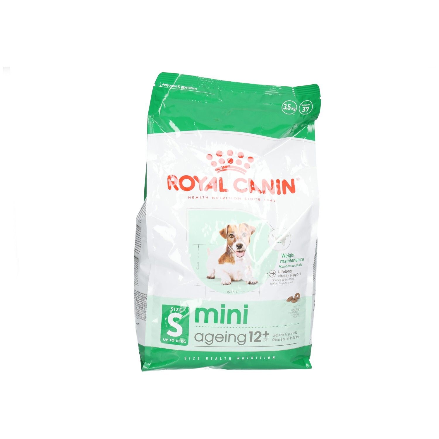 Royal Canin Mini Ageing 12+ hondenvoer. Zak met hondafbeelding en productinformatie.