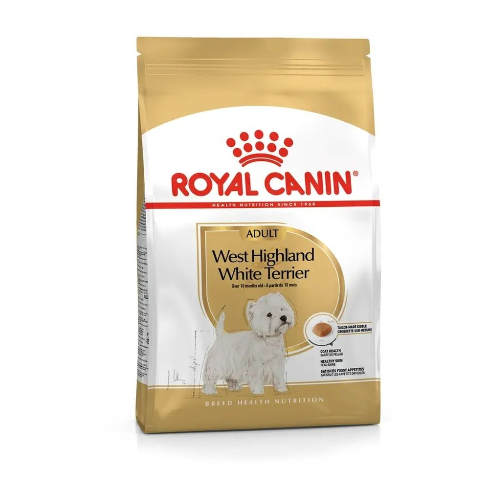 Sac de nourriture Royal Canin West Highland White Terrier Adulte avec image de chien.