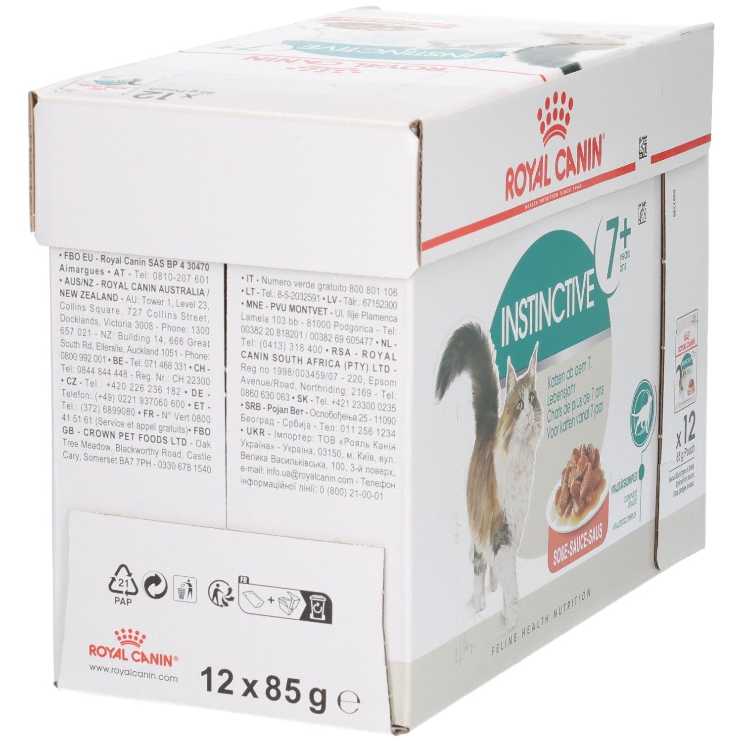 Achterkant van de Royal Canin Instinctive 7+ Multipack verpakking met adresinformatie en recycling-symbolen.