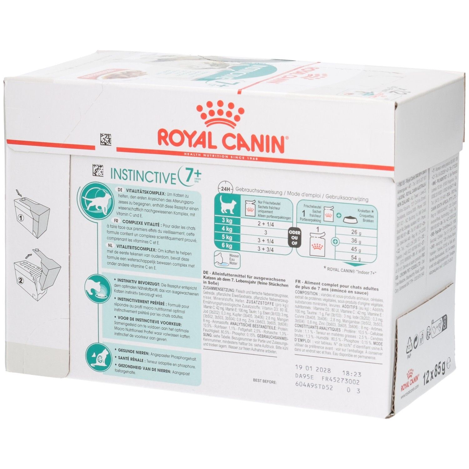 Zijaanzicht van de Royal Canin Instinctive 7+ Multipack verpakking met voedingsadvies en vitaliteitscomplex.