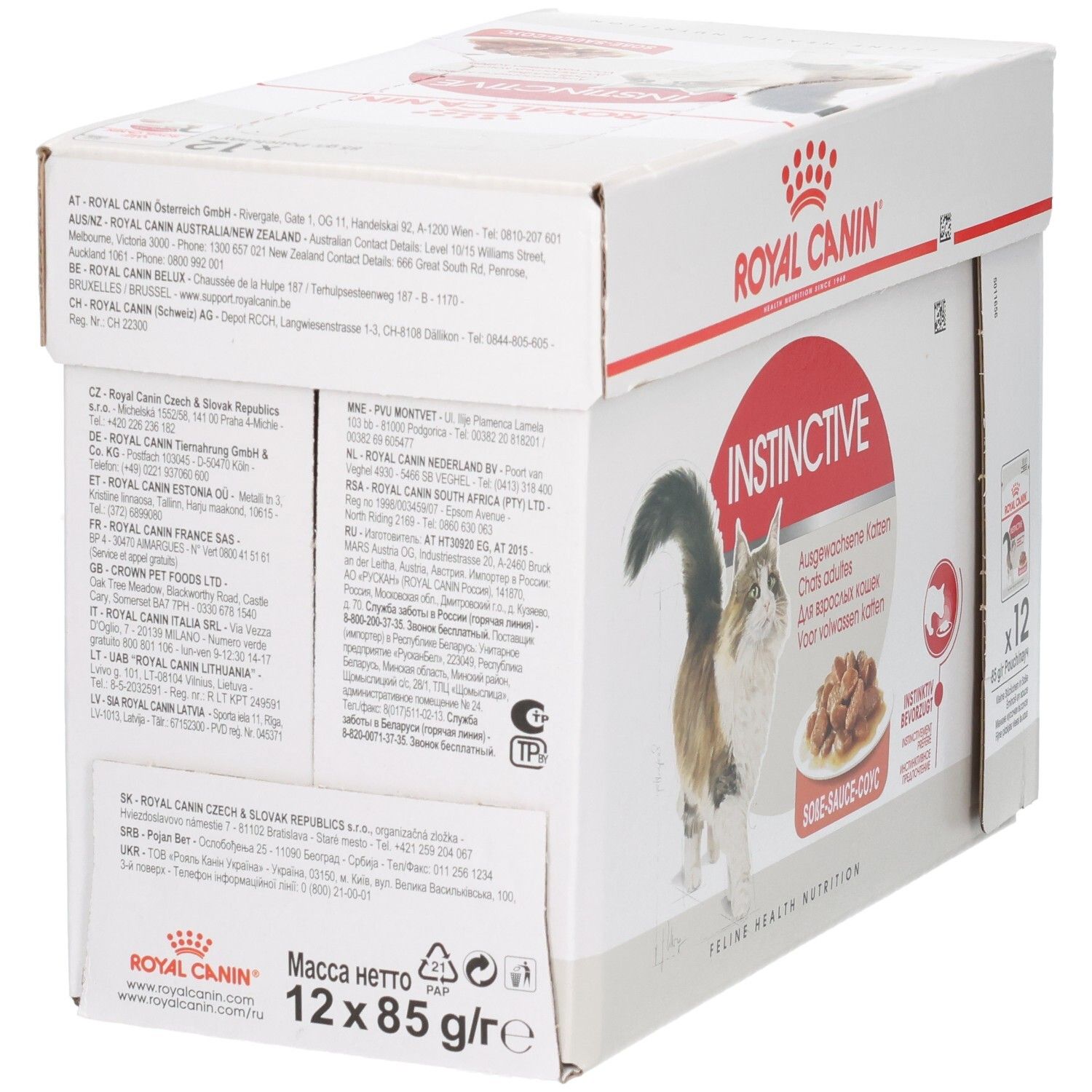 Arrière du Royal Canin Instinctive Multipack avec recommandations alimentaires et informations fabricant.