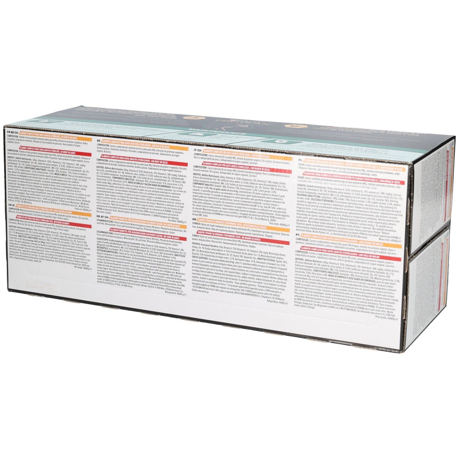 Achterkant van de kartonnen verpakking. Meertalige tekst. Gekleurde strepen.