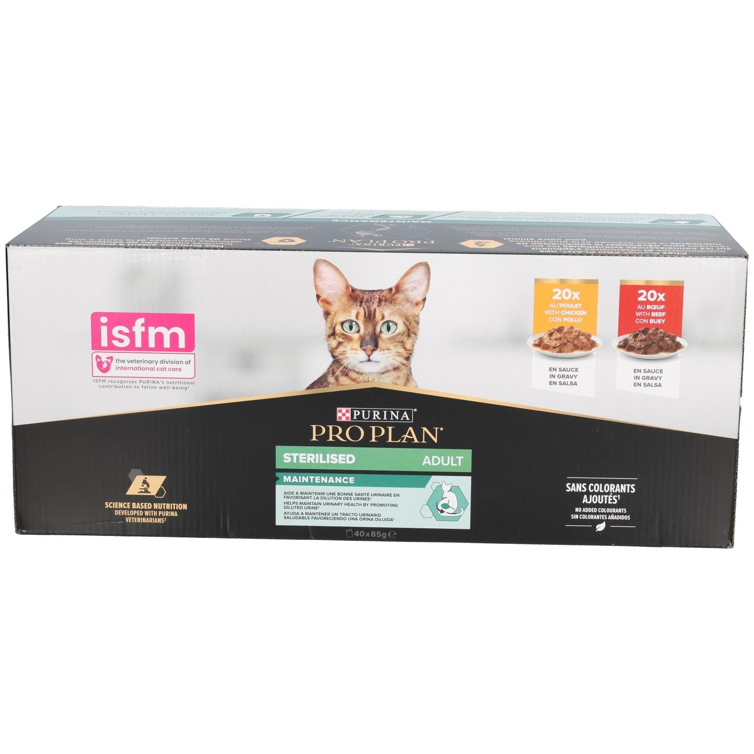 Kartonnen verpakking. Bedrukt met kat, logo en tekst. Bevat 2 x 20 zakjes. ISFM-logo.