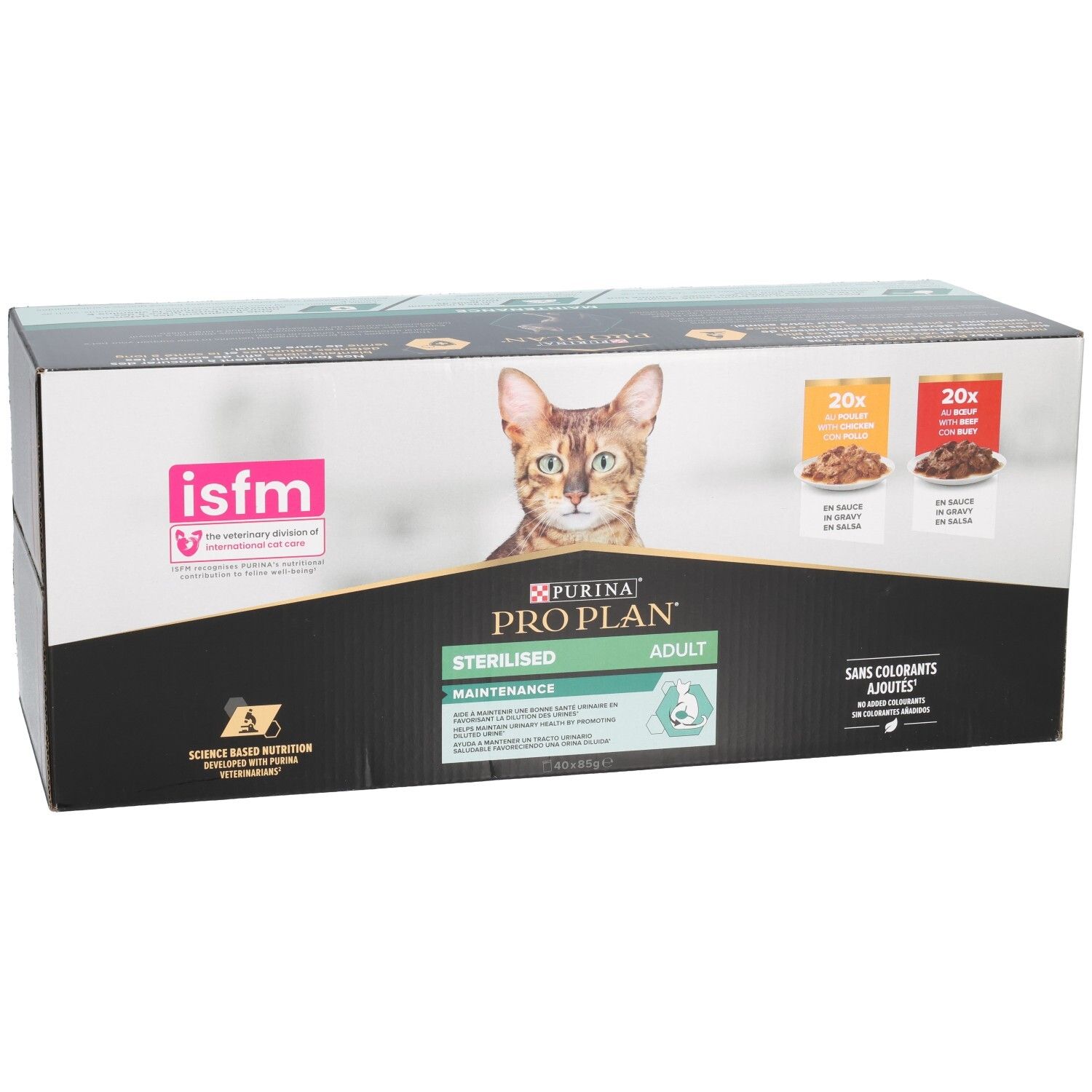 Kartonnen verpakking. Bedrukt met kat, logo en tekst. Bevat 2 x 20 zakjes. ISFM-logo.