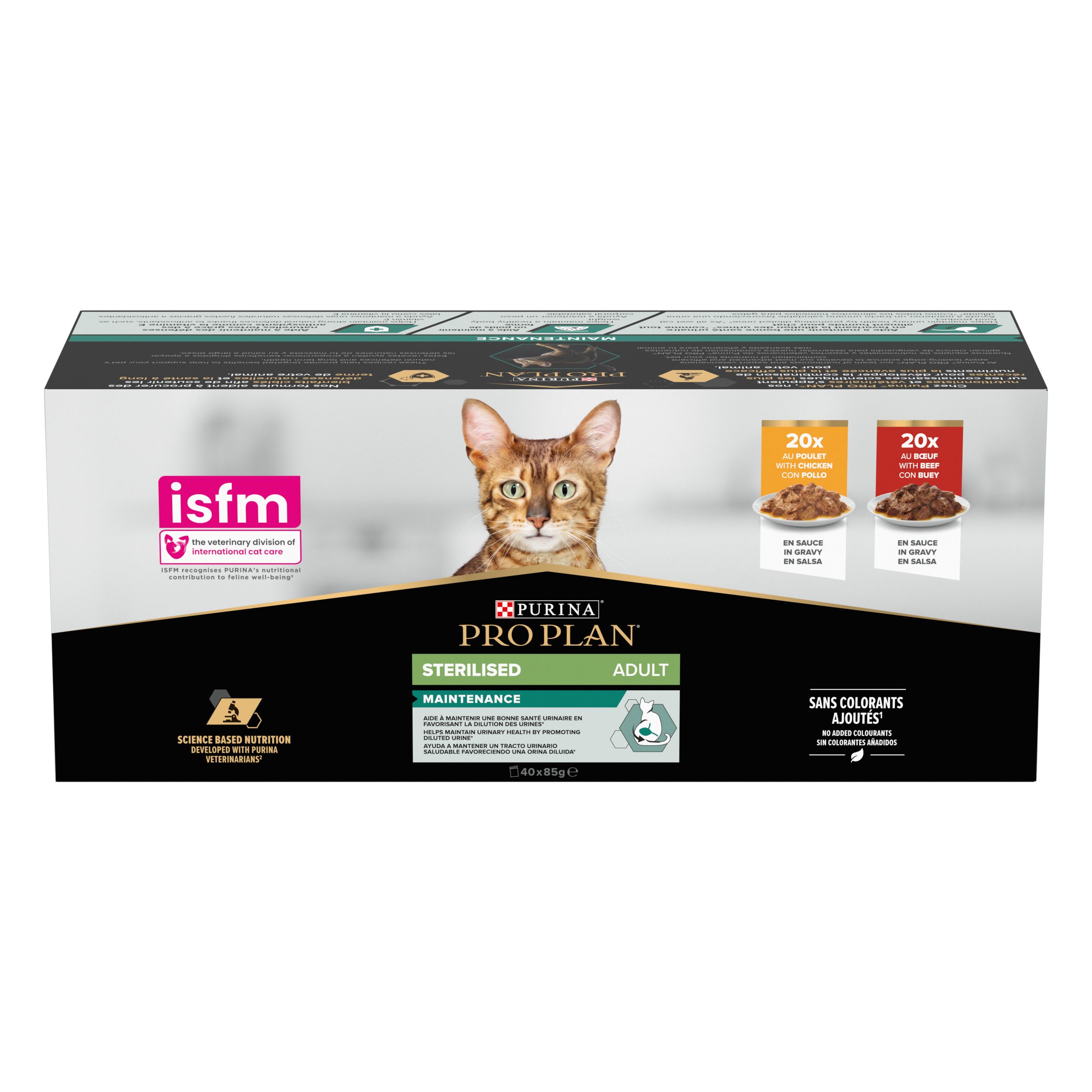 Emballage en carton. Impression avec chat, logo et texte. Contient 2 x 20 sachets. Logo ISFM.