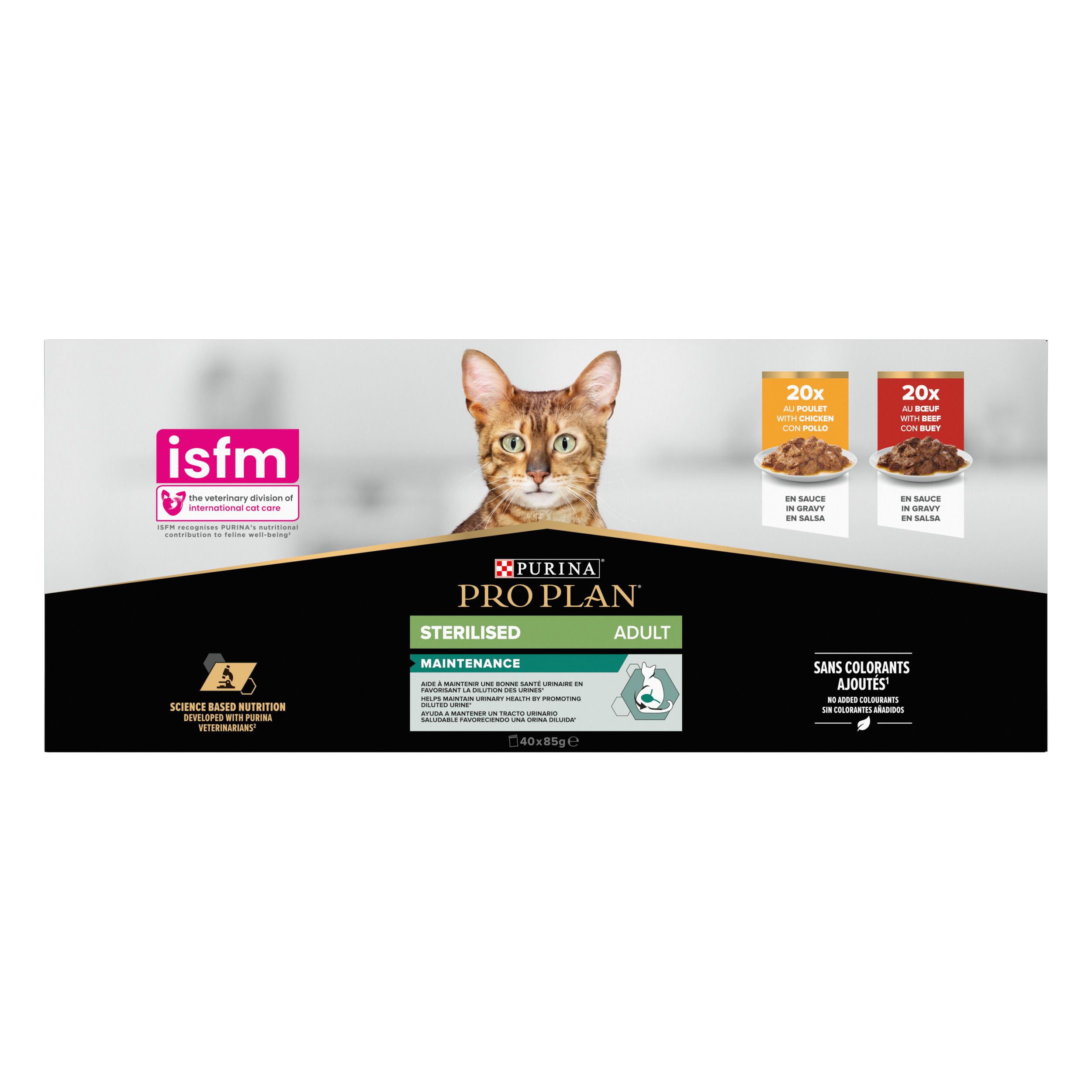 Emballage en carton. Impression avec chat, logo et texte. Contient 2 x 20 sachets. Logo ISFM.