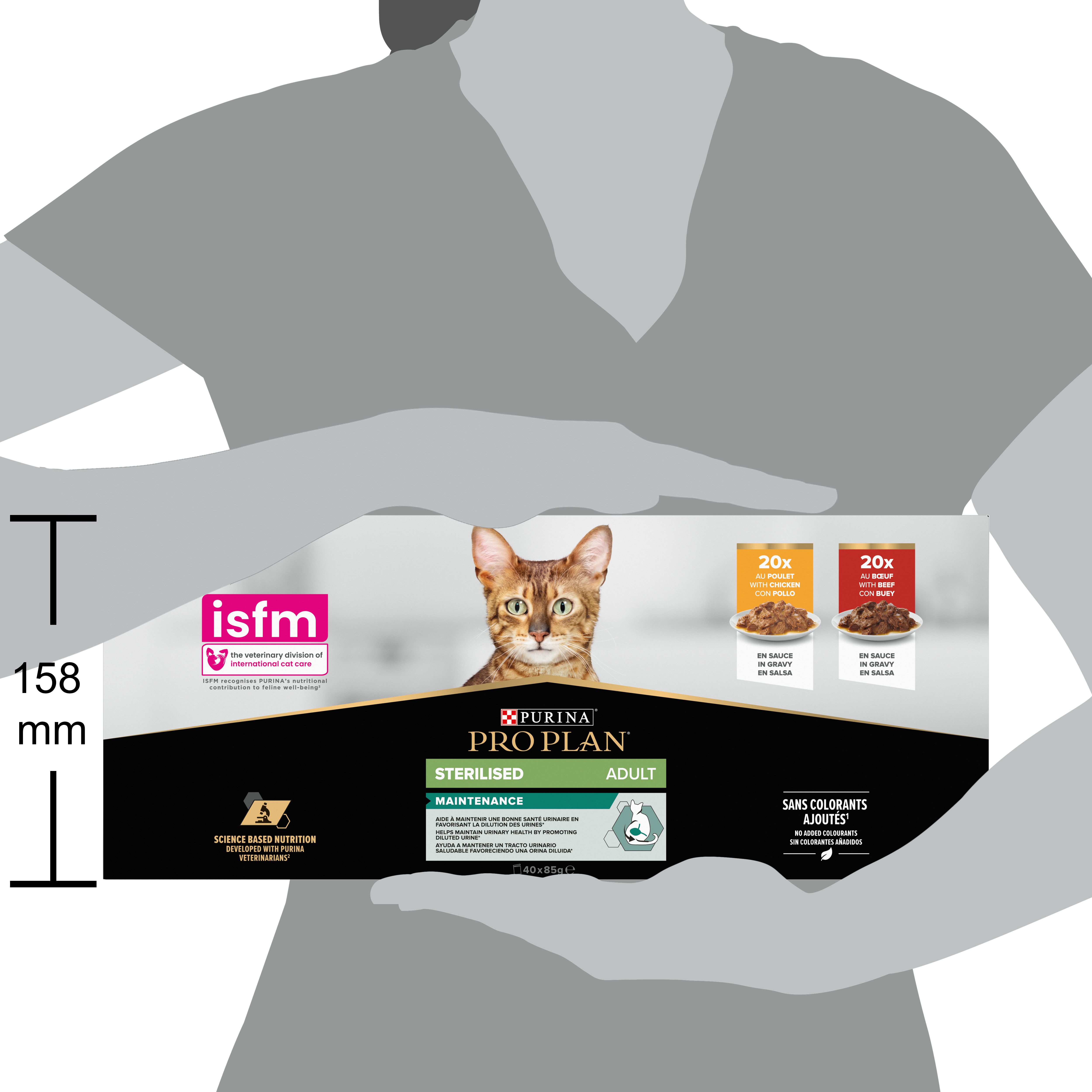 Emballage en carton. Impression avec chat, logo et texte. Contient 2 x 20 sachets. Logo ISFM.