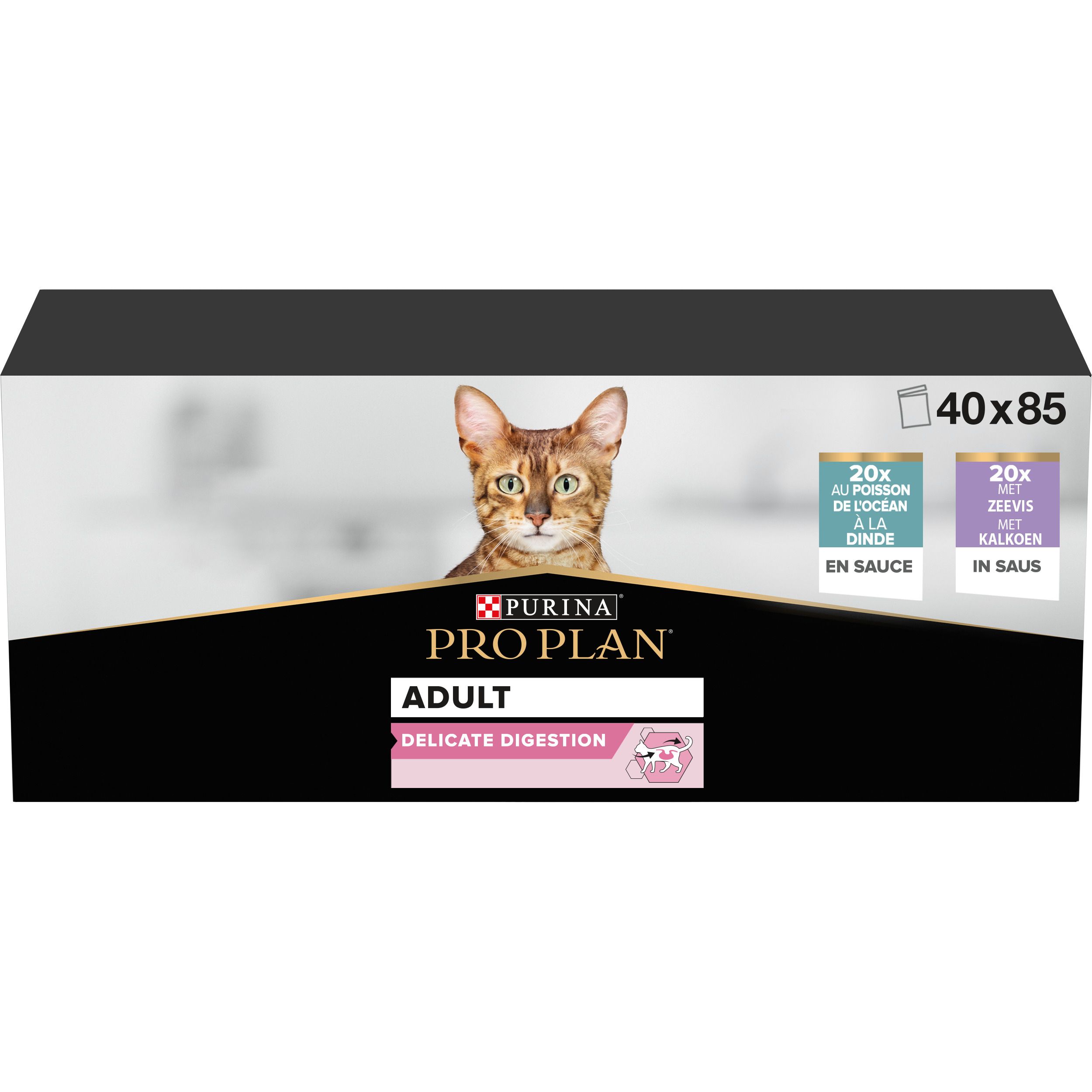 Boîte de nourriture pour chats. Inscriptions Pro Plan, chat, 20x sachets, logo isfm. Éléments roses et noirs.
