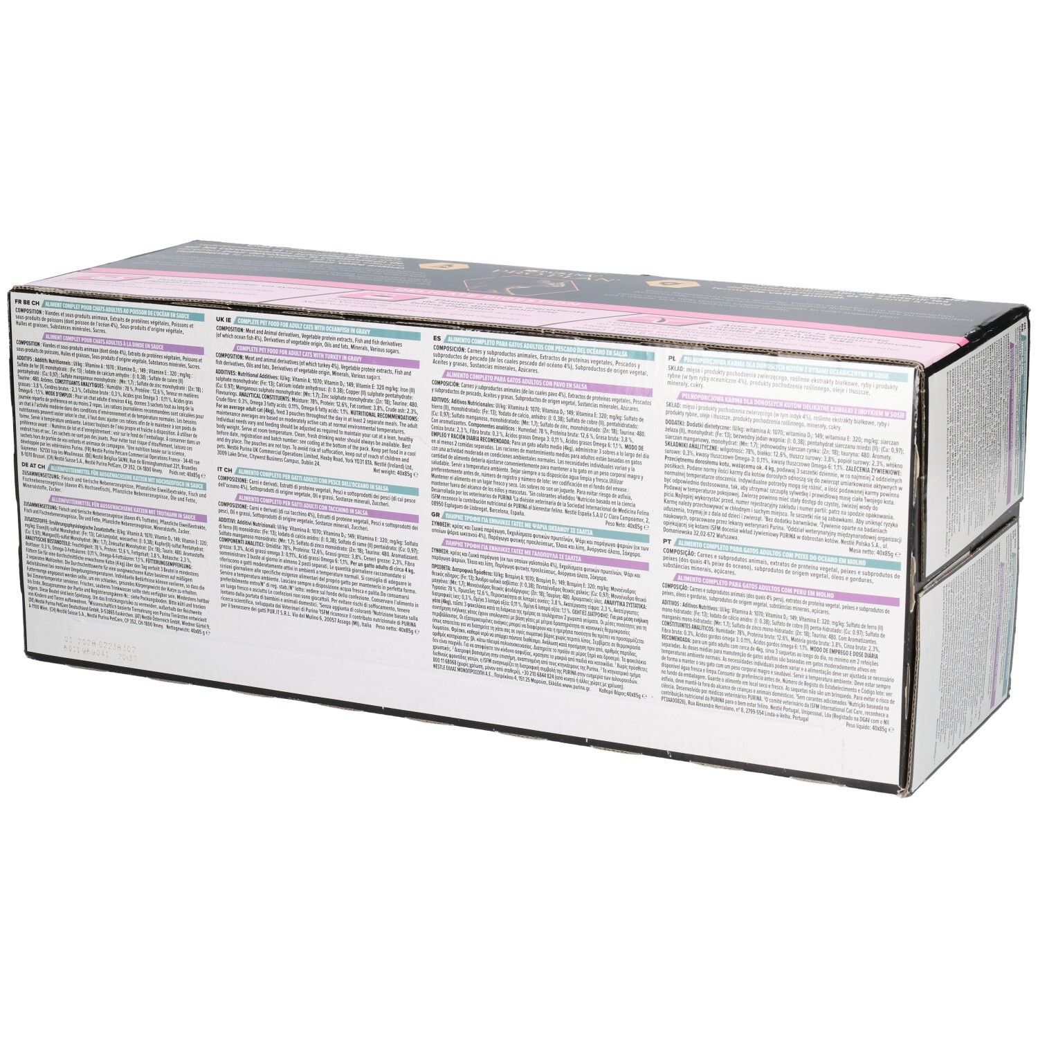 Achterkant van de kartonnen doos met tekst. Roze en zwarte elementen. Tekst in meerdere talen.