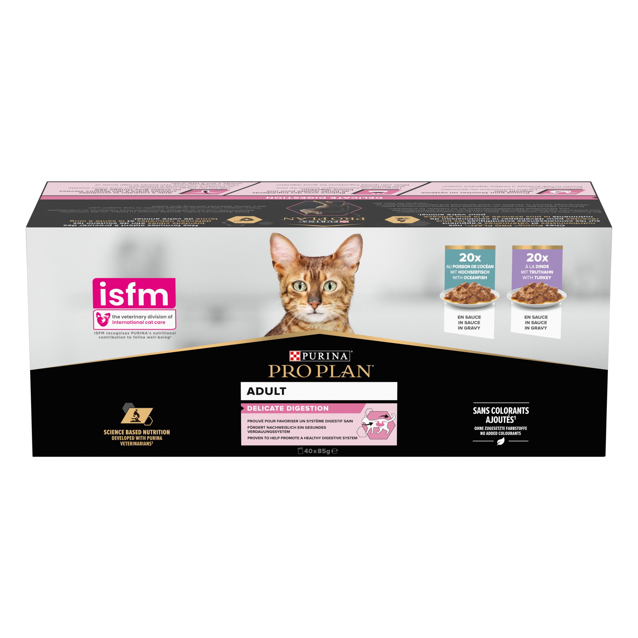 Boîte de nourriture pour chats. Inscriptions Pro Plan, chat, 20x sachets, logo isfm. Éléments roses et noirs.