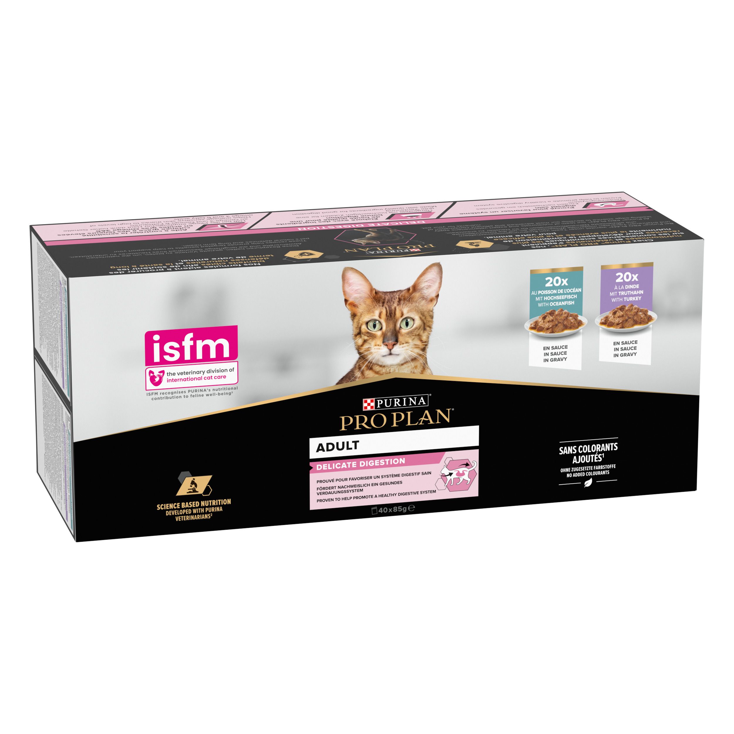 Boîte de nourriture pour chats. Inscriptions Pro Plan, chat, 20x sachets, logo isfm. Éléments roses et noirs.