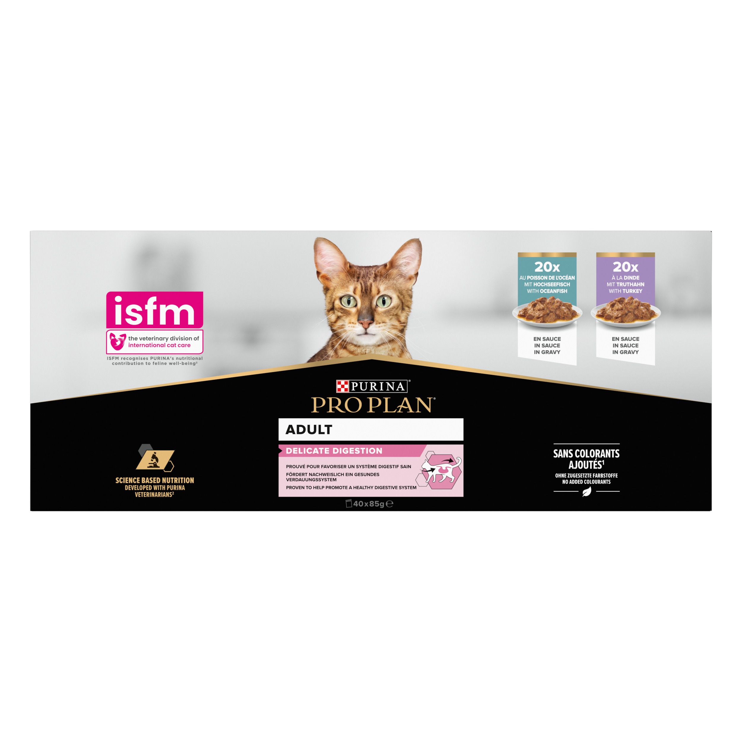 Boîte de nourriture pour chats. Inscriptions Pro Plan, chat, 20x sachets, logo isfm. Éléments roses et noirs.