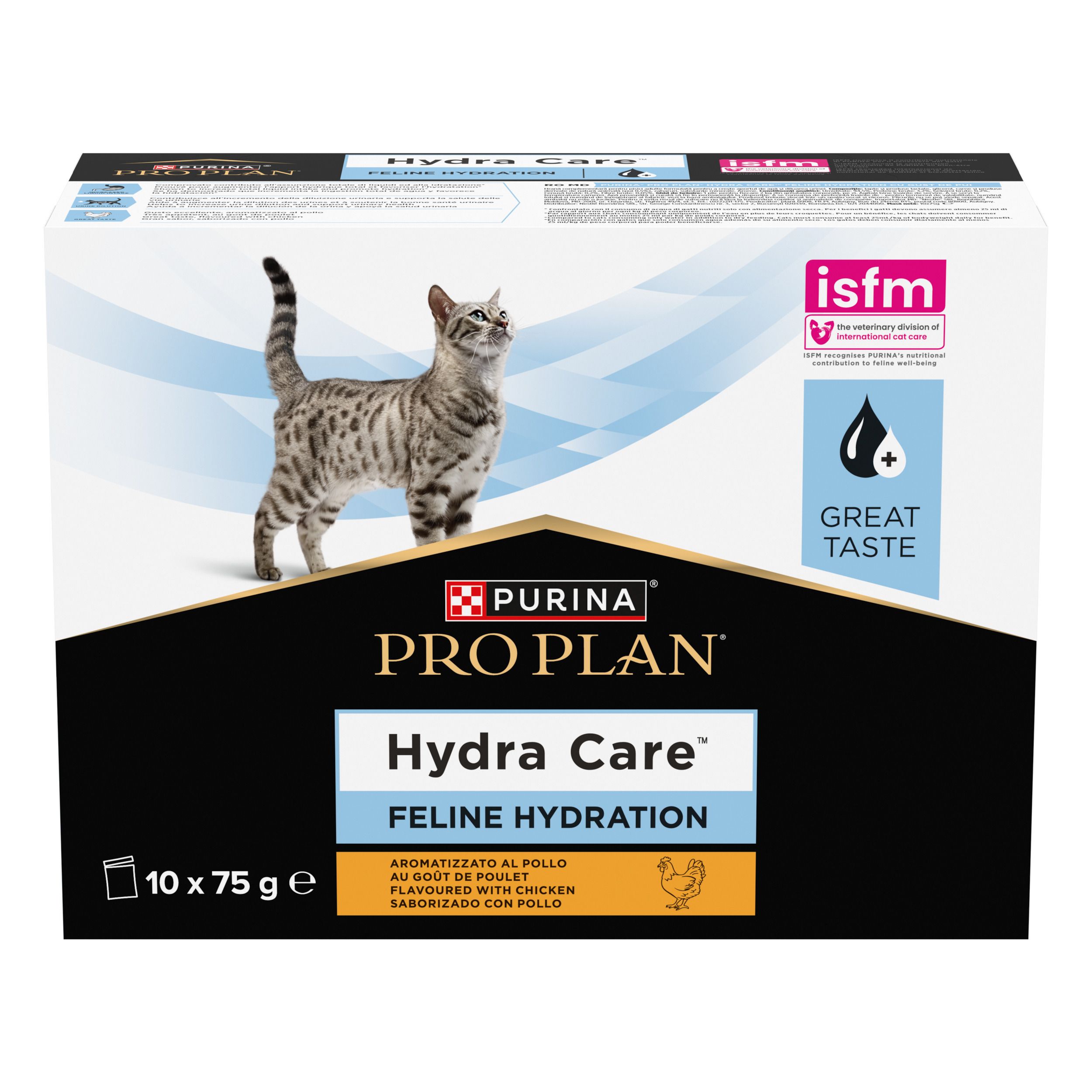 Doos Purina Pro Plan Hydra Care. 10 zakjes van 75g. Afbeelding van kat. Logo en tekst. isfm label.