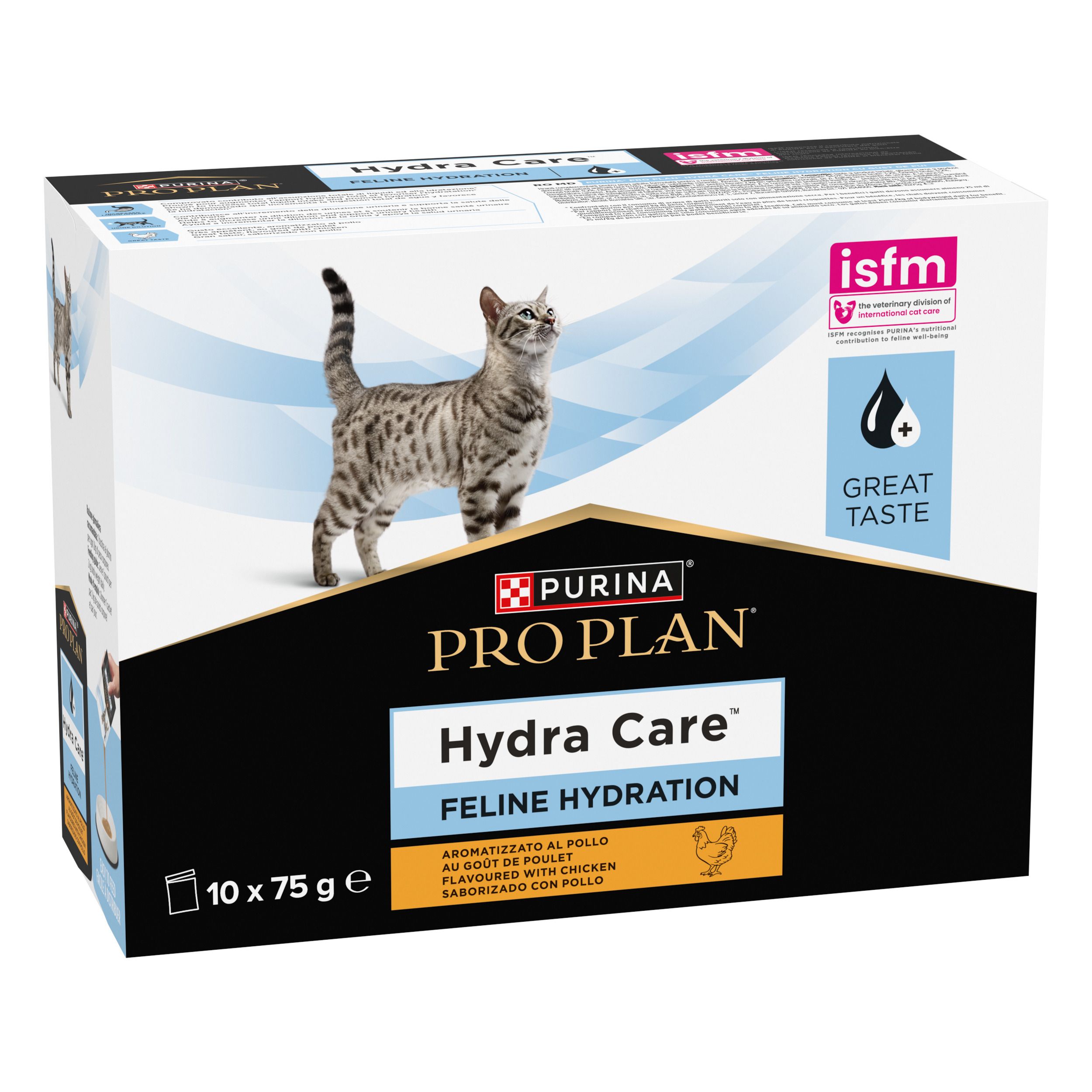 Doos Purina Pro Plan Hydra Care. 10 zakjes van 75g. Afbeelding van kat. Logo en tekst. isfm label.