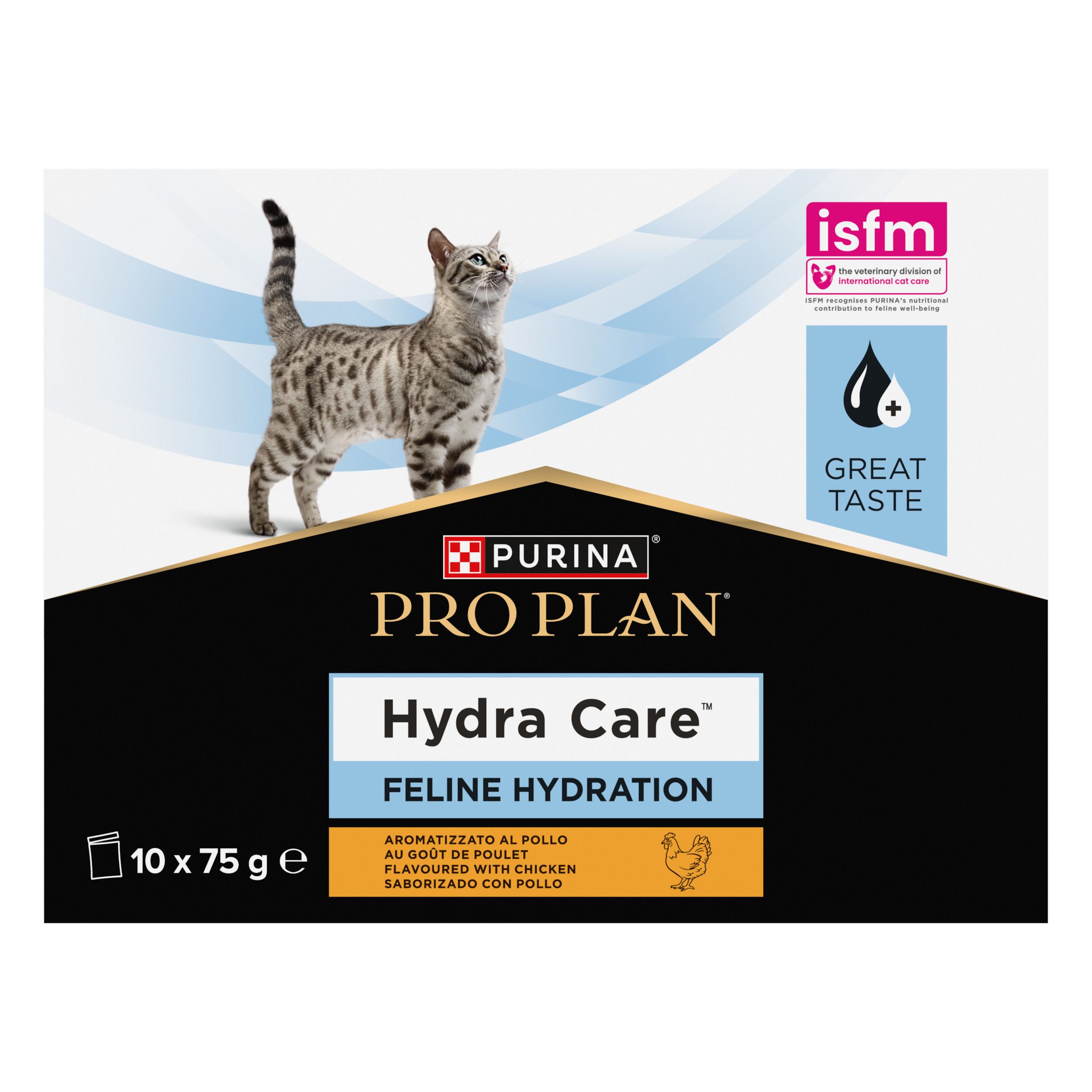 Doos Purina Pro Plan Hydra Care. 10 zakjes van 75g. Afbeelding van kat. Logo en tekst. isfm label.