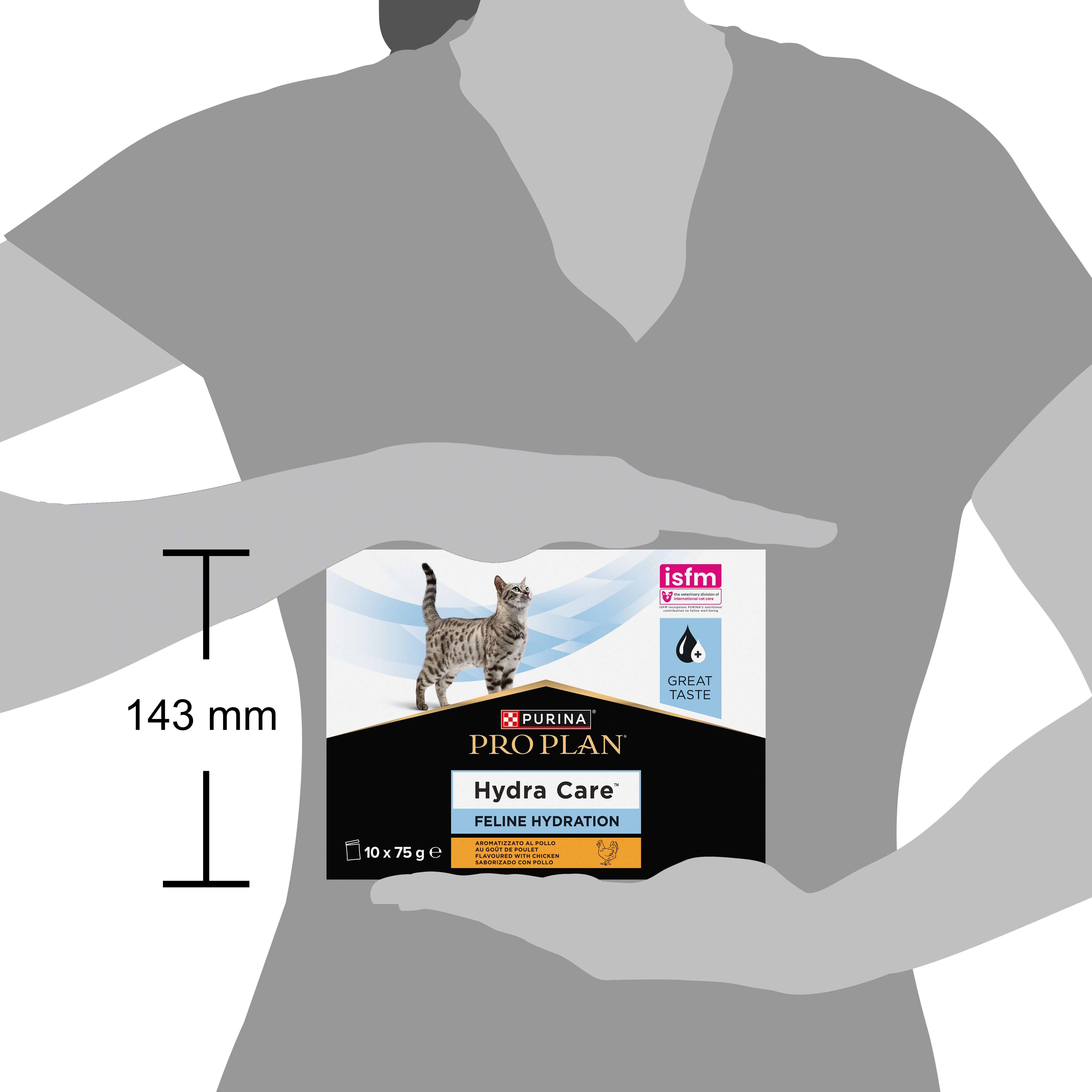 Doos Purina Pro Plan Hydra Care. 10 zakjes van 75g. Afbeelding van kat. Logo en tekst. isfm label.