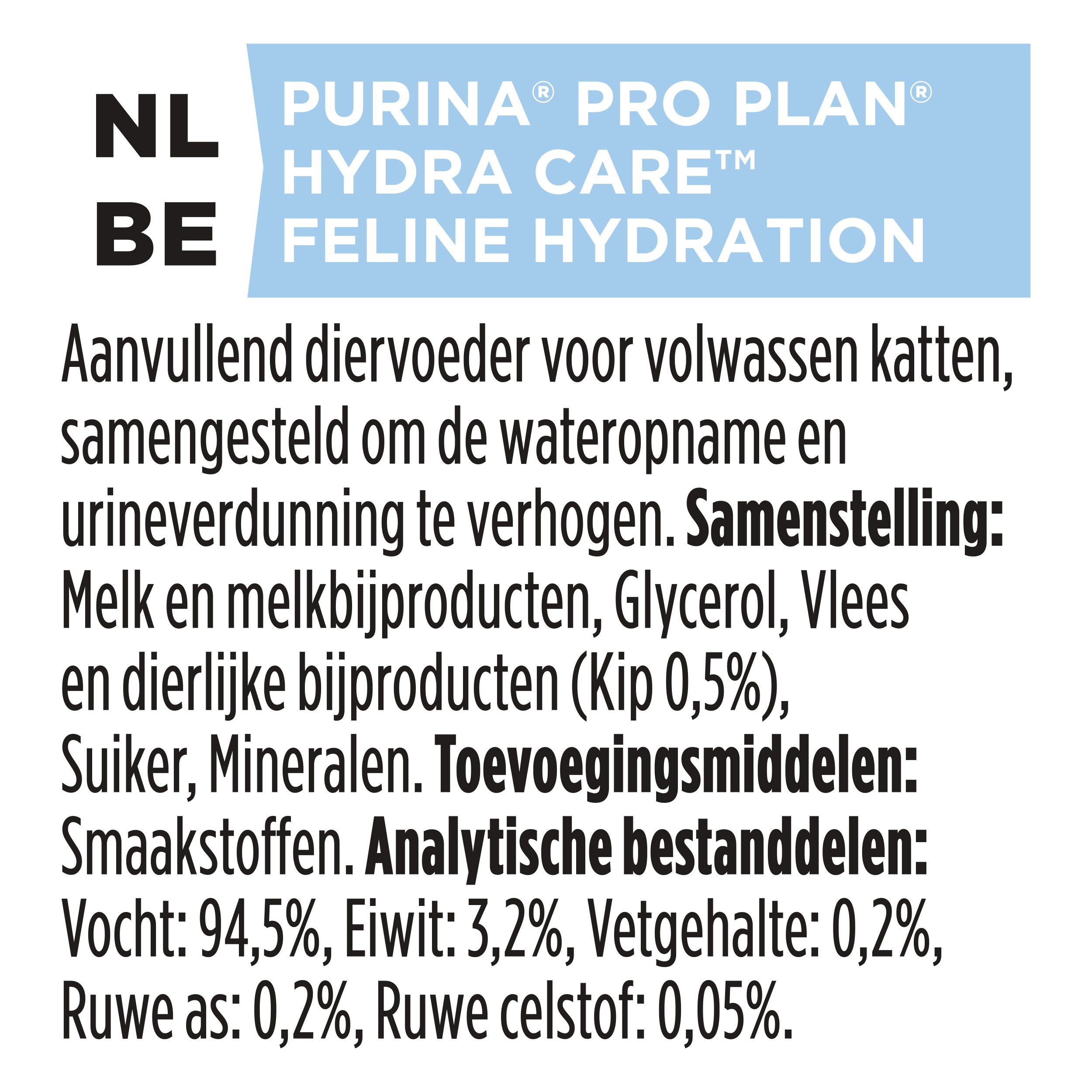 Doos Purina Pro Plan Hydra Care. 10 zakjes van 75g. Afbeelding van kat. Logo en tekst. isfm label.
