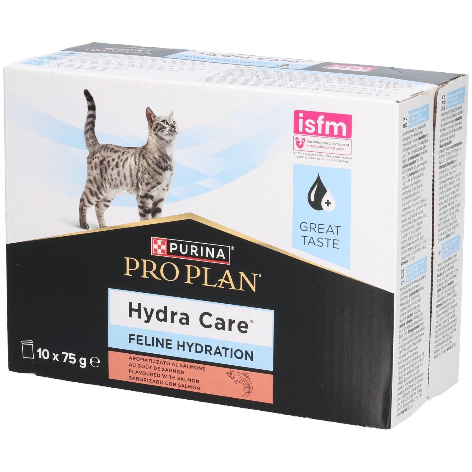 Doos PRO PLAN Hydra Care voor katten, 10 zakjes van 75g. Logo, kat en opschriften.