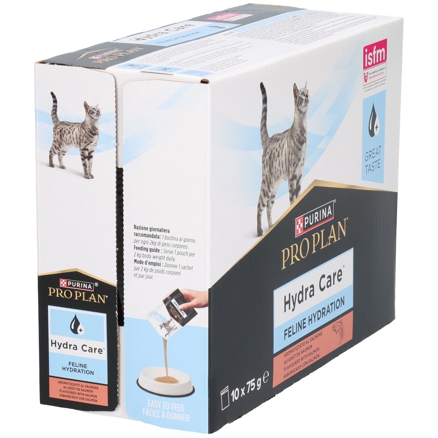 Doos PRO PLAN Hydra Care, 10 zakjes van 75g. Kat, logo en productpresentatie.