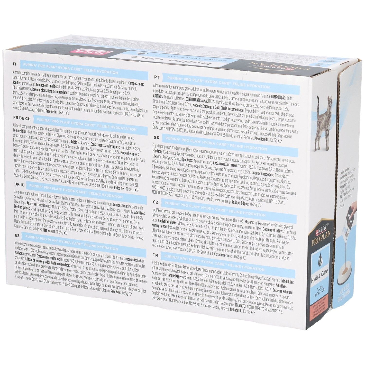 Achterkant van de PRO PLAN Hydra Care verpakking. Tekst in verschillende talen.