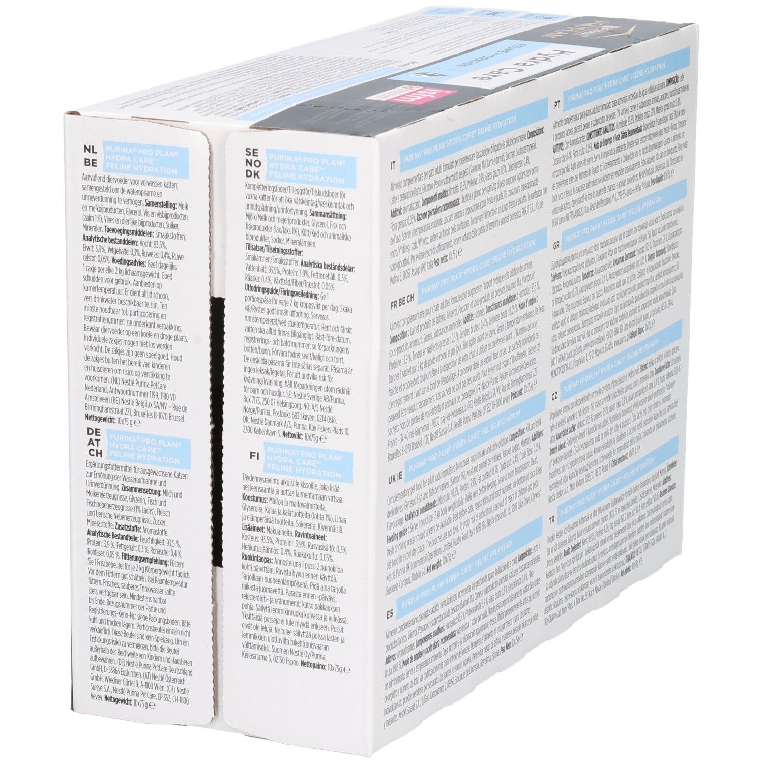 Achterkant van de PRO PLAN Hydra Care verpakking. Tekst in verschillende talen.