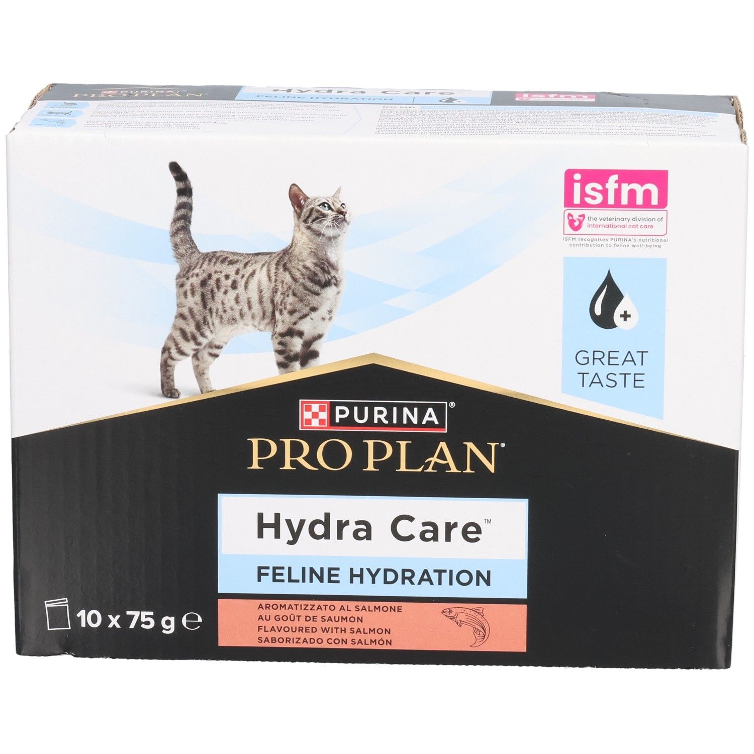 Doos PRO PLAN Hydra Care, 10 zakjes van 75g. Kat, logo en informatie.