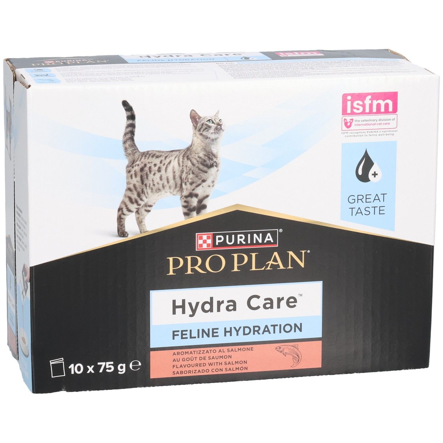 Doos PRO PLAN Hydra Care, 10 zakjes van 75g. Kat, logo en informatie.