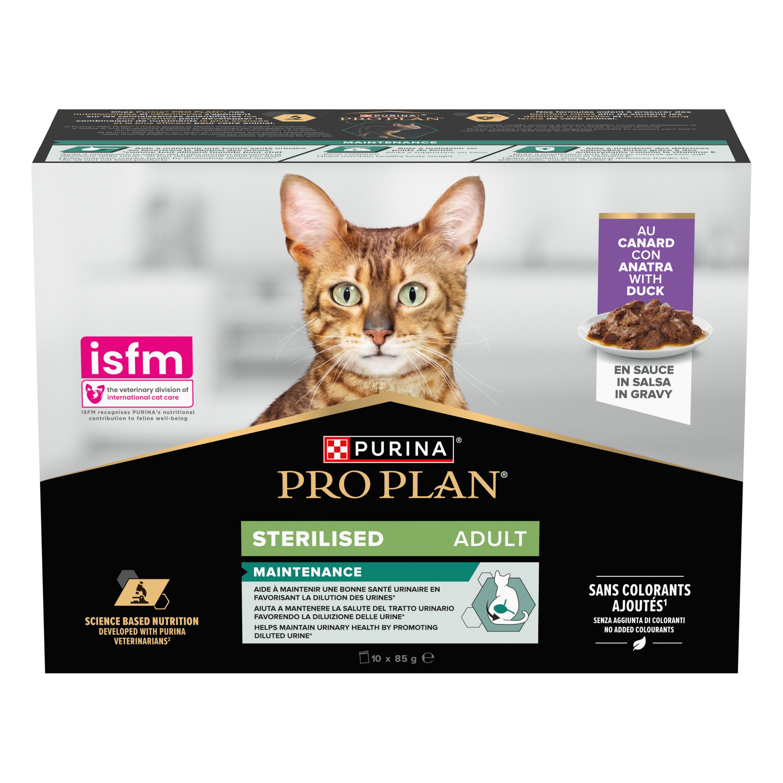 Paquet de nourriture pour chats. Purina Pro Plan, Sterilised Adult. Saveur canard. ISFM.