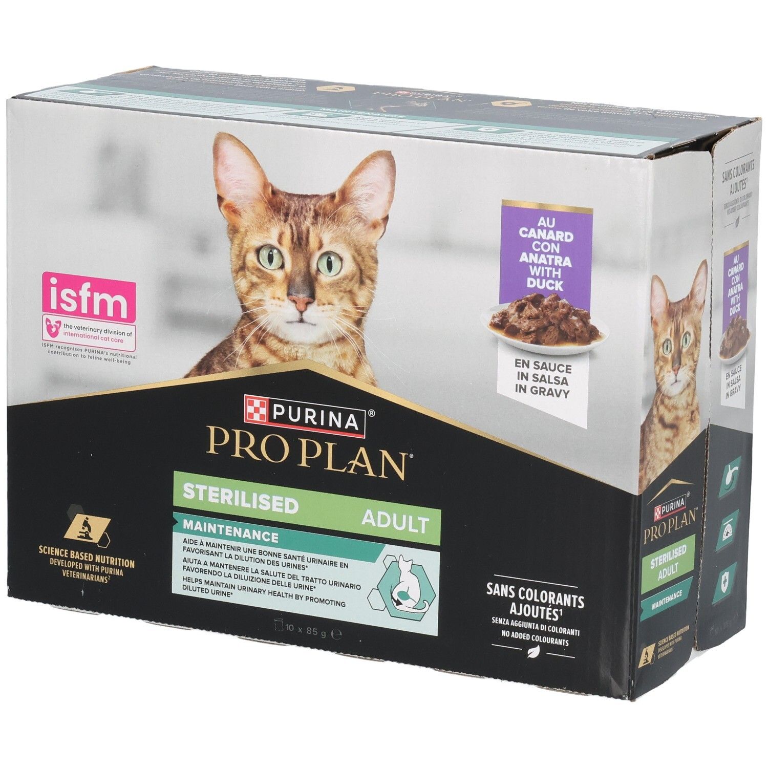 Doos kattenvoer. Purina Pro Plan, Sterilised Adult. Met eend. ISFM-certificering.