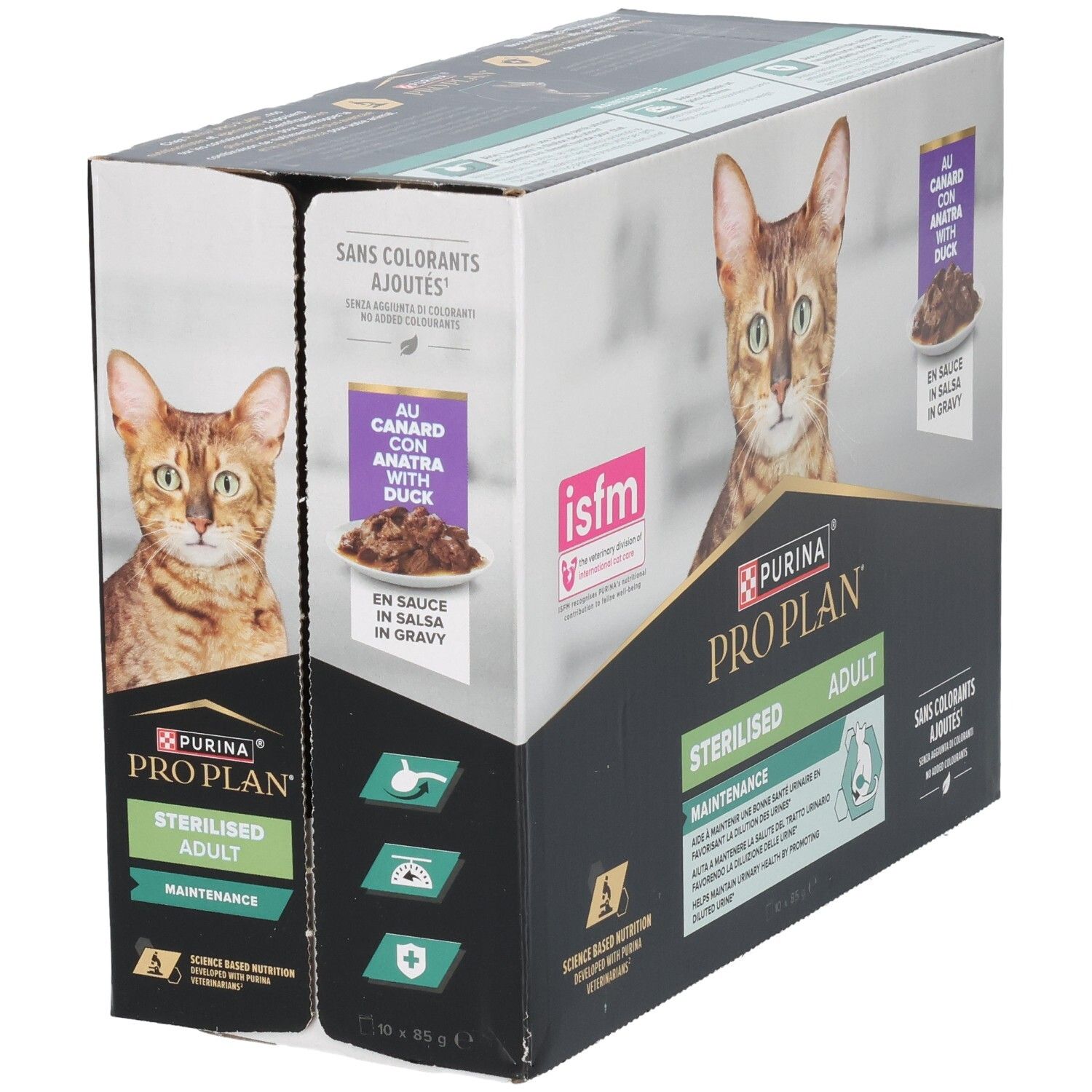 Doos kattenvoer. Purina Pro Plan, Sterilised Adult. Met eend. ISFM-certificering.