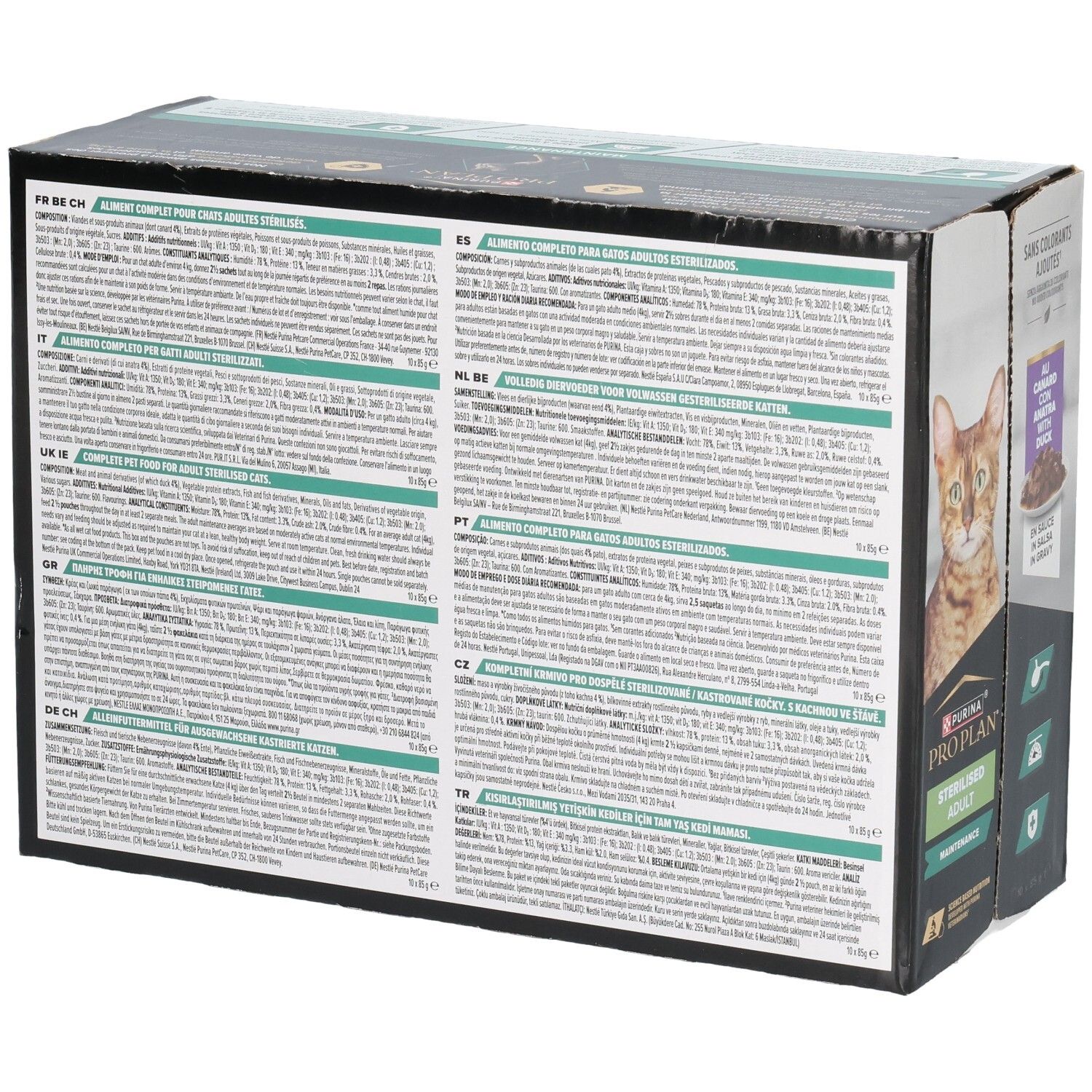 Achterkant verpakking kattenvoer. Meertalige tekst. Merk Purina Pro Plan.