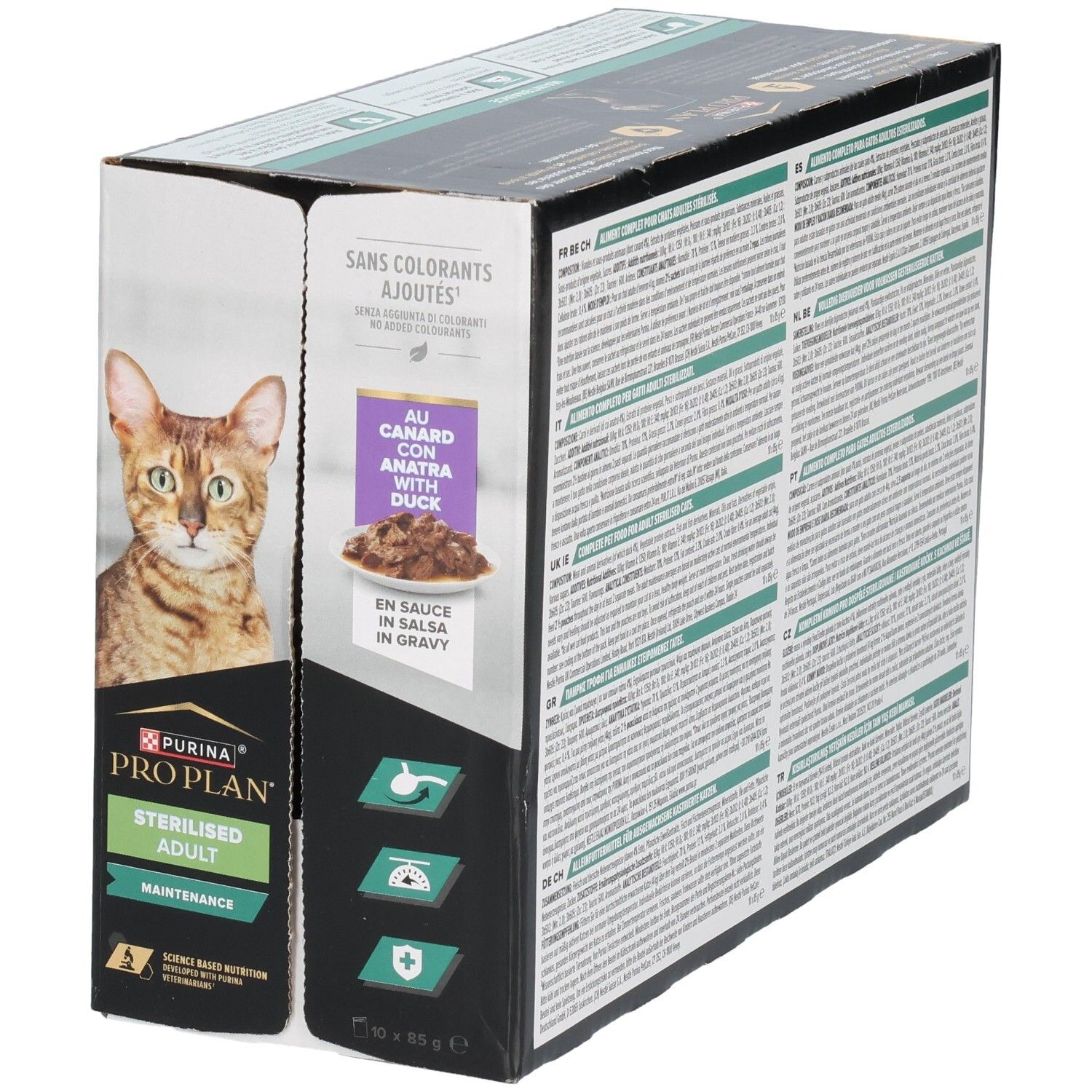 Doos kattenvoer. Purina Pro Plan, Sterilised Adult. Met eend. Meertalige tekst.