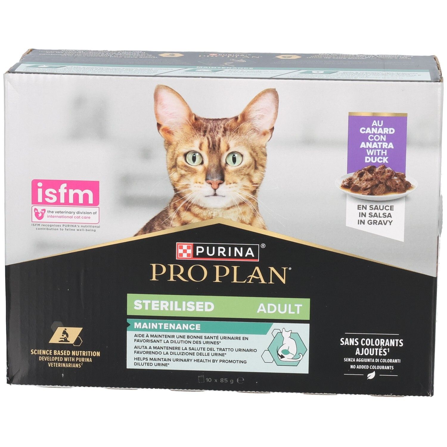 Doos kattenvoer. Purina Pro Plan, Sterilised Adult. Met eend. ISFM-certificering.