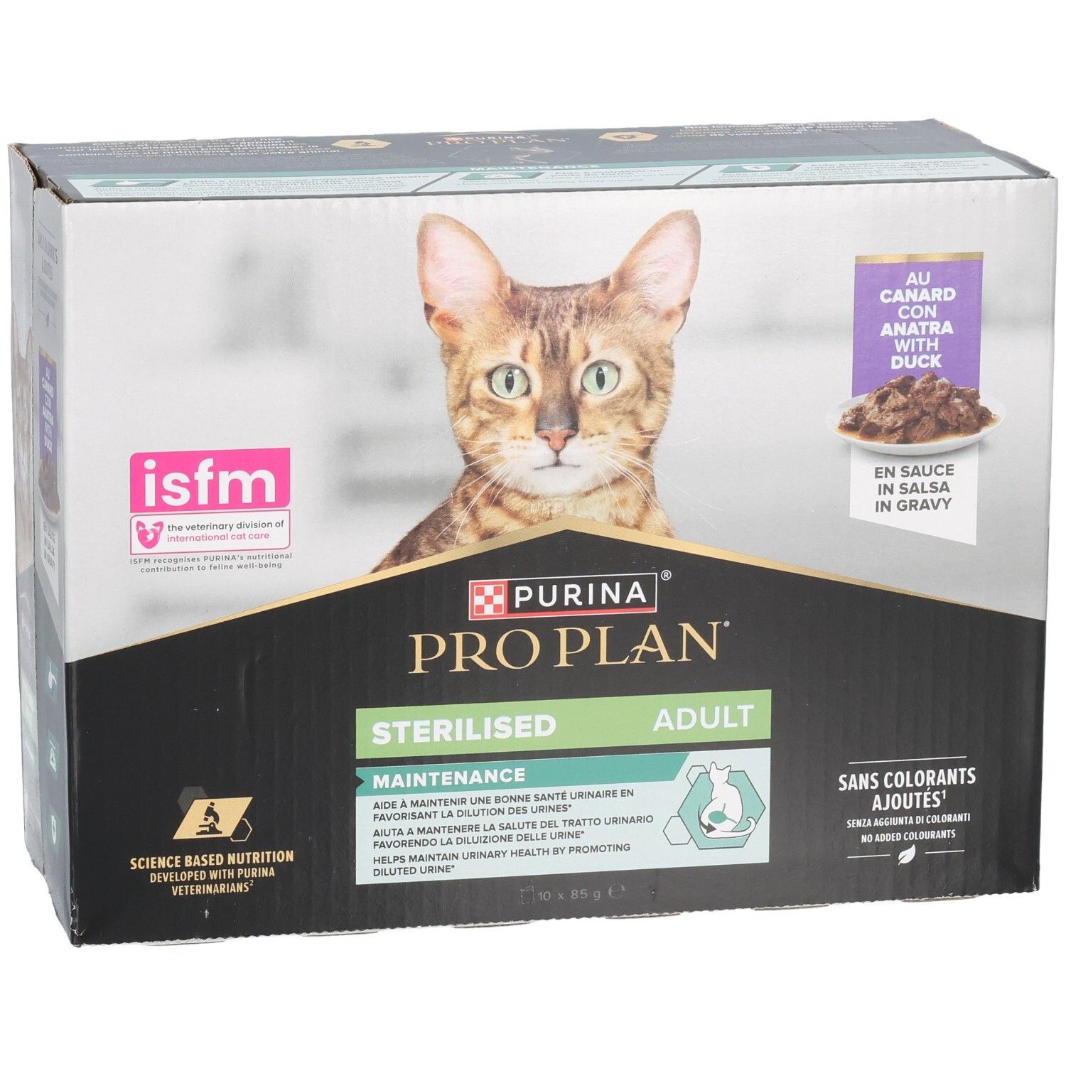 Doos kattenvoer. Purina Pro Plan, Sterilised Adult. Met eend. ISFM-certificering.