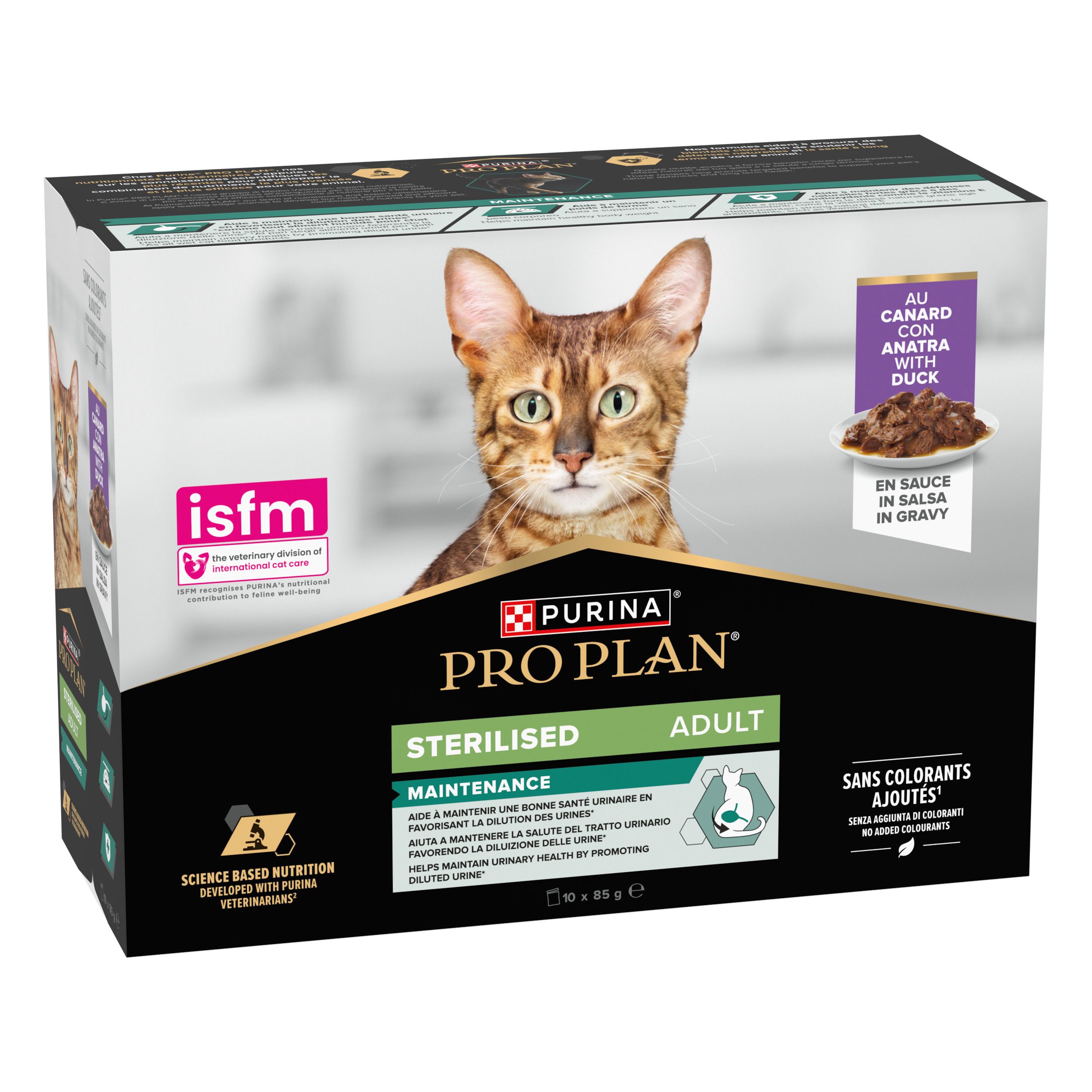 Verpakking kattenvoer. Purina Pro Plan, Sterilised Adult. Met eend. ISFM-certificering.