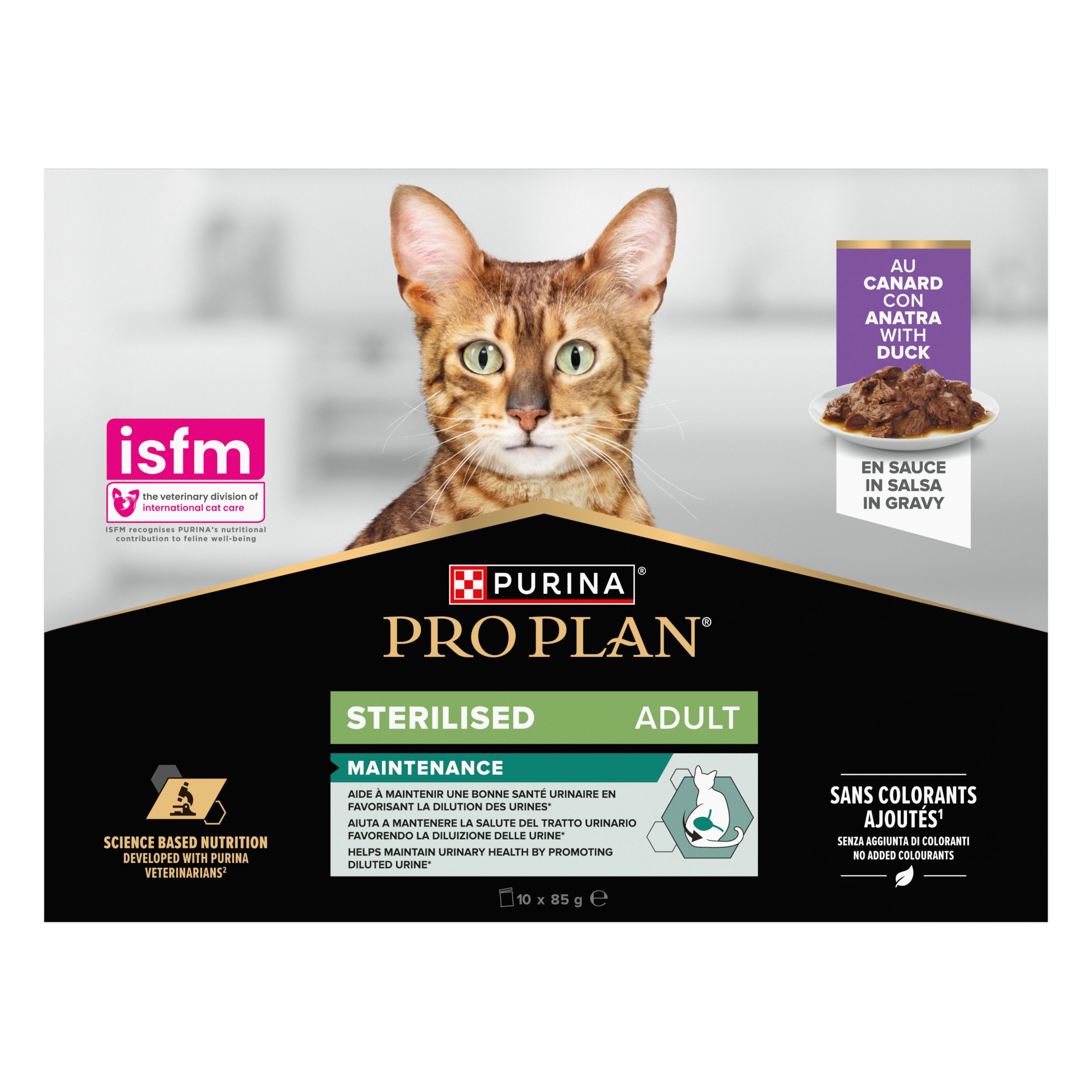 Dos de l'emballage de nourriture pour chats. Texte multilingue. Marque Purina Pro Plan.