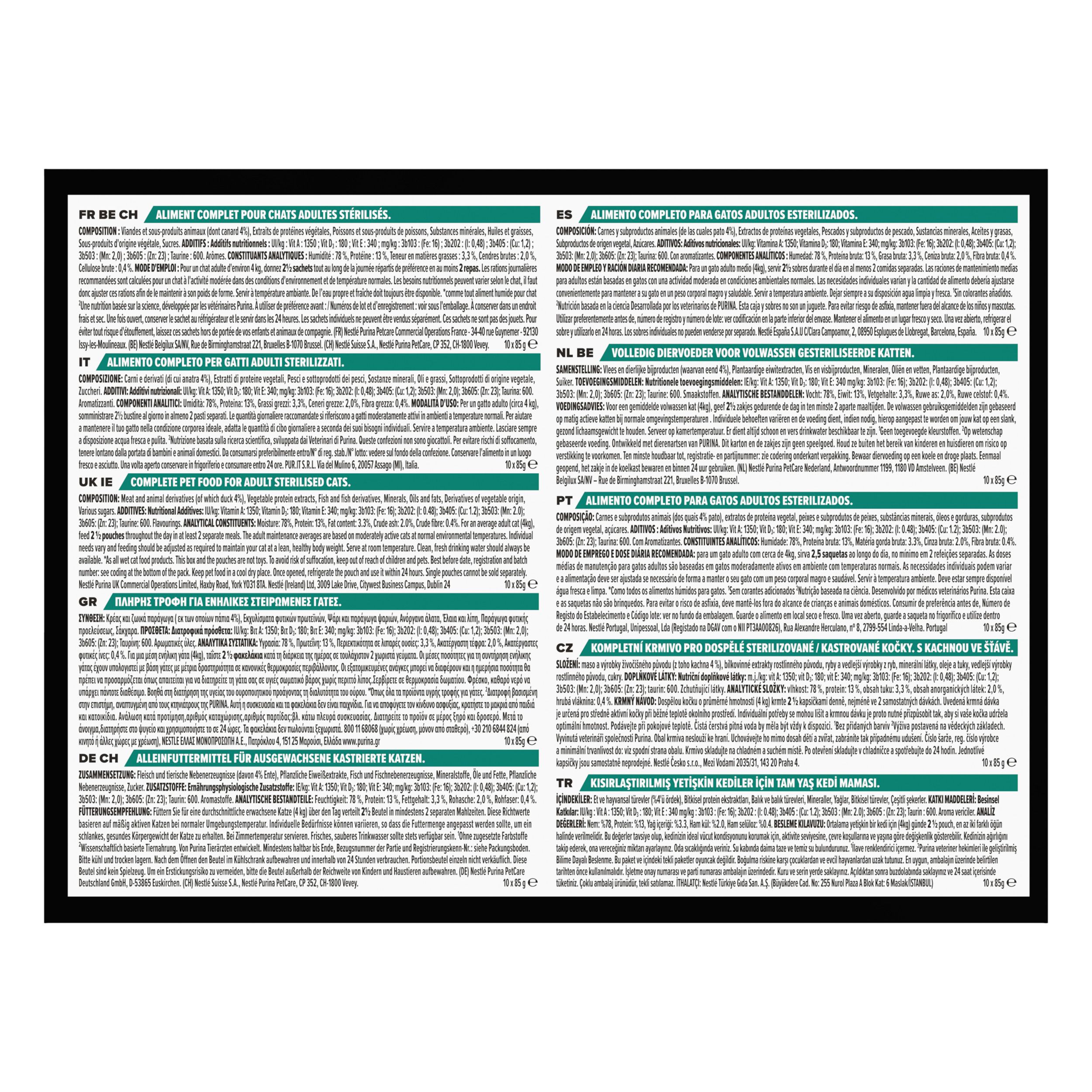 Doos kattenvoer. Purina Pro Plan, Sterilised Adult. Met eend. Meertalige tekst.