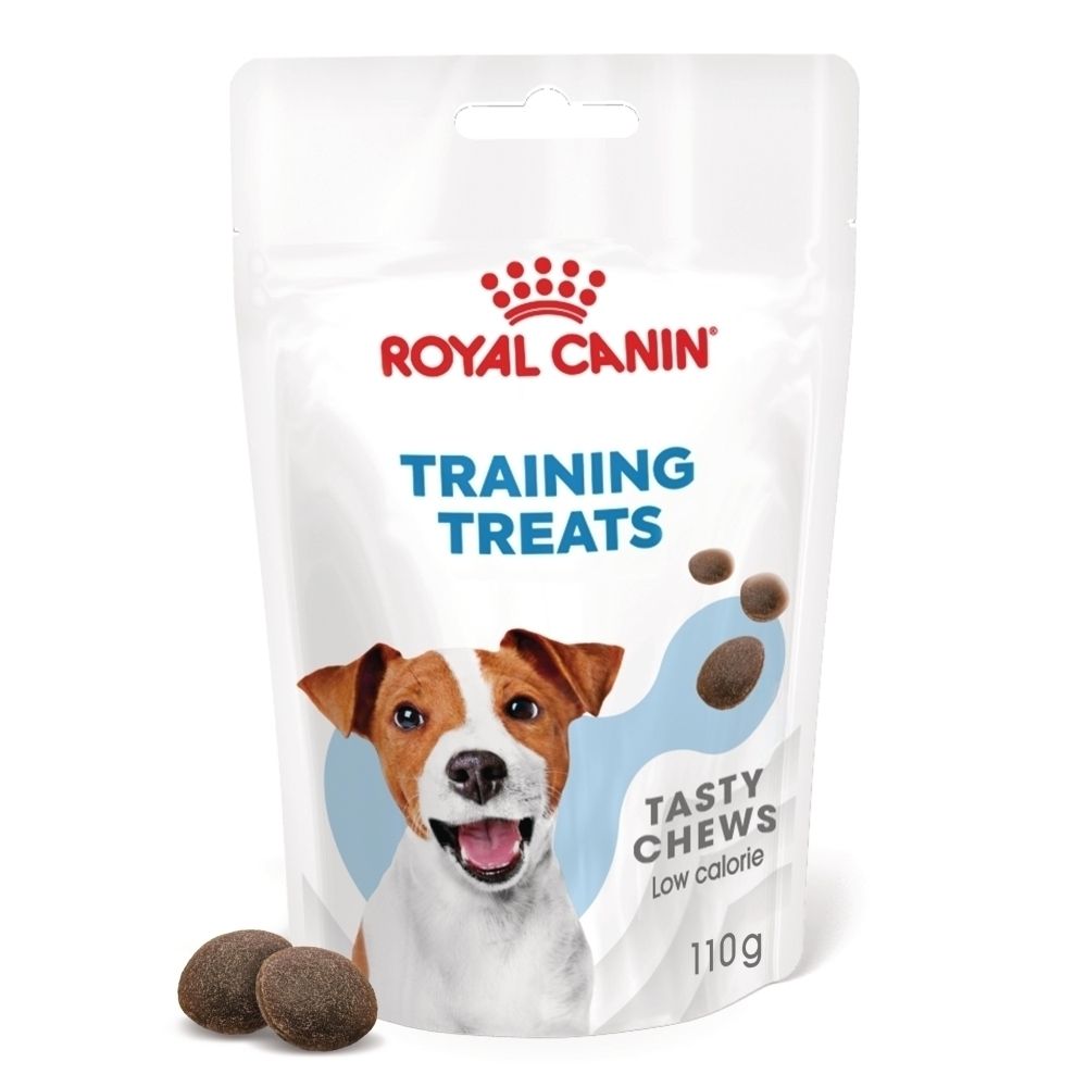 Royal Canin Training Treats zakje met honden gezicht en traktaties.