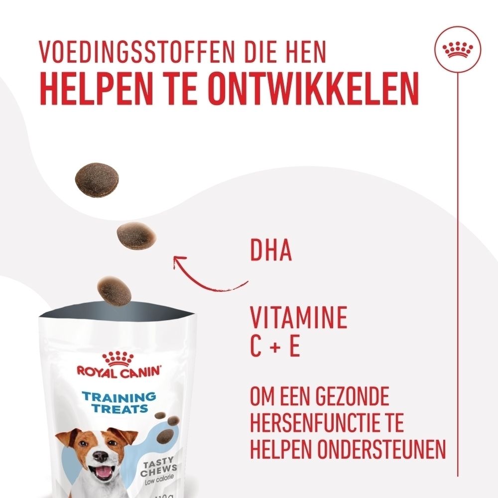 Royal Canin Training Treats zakje: Voedingsstoffen voor hersenfunctie met DHA, Vitamine C & E.