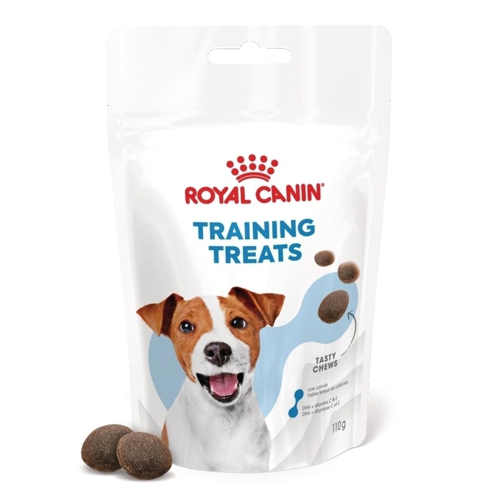 Royal Canin Training Treats zakje met honden gezicht en traktaties.