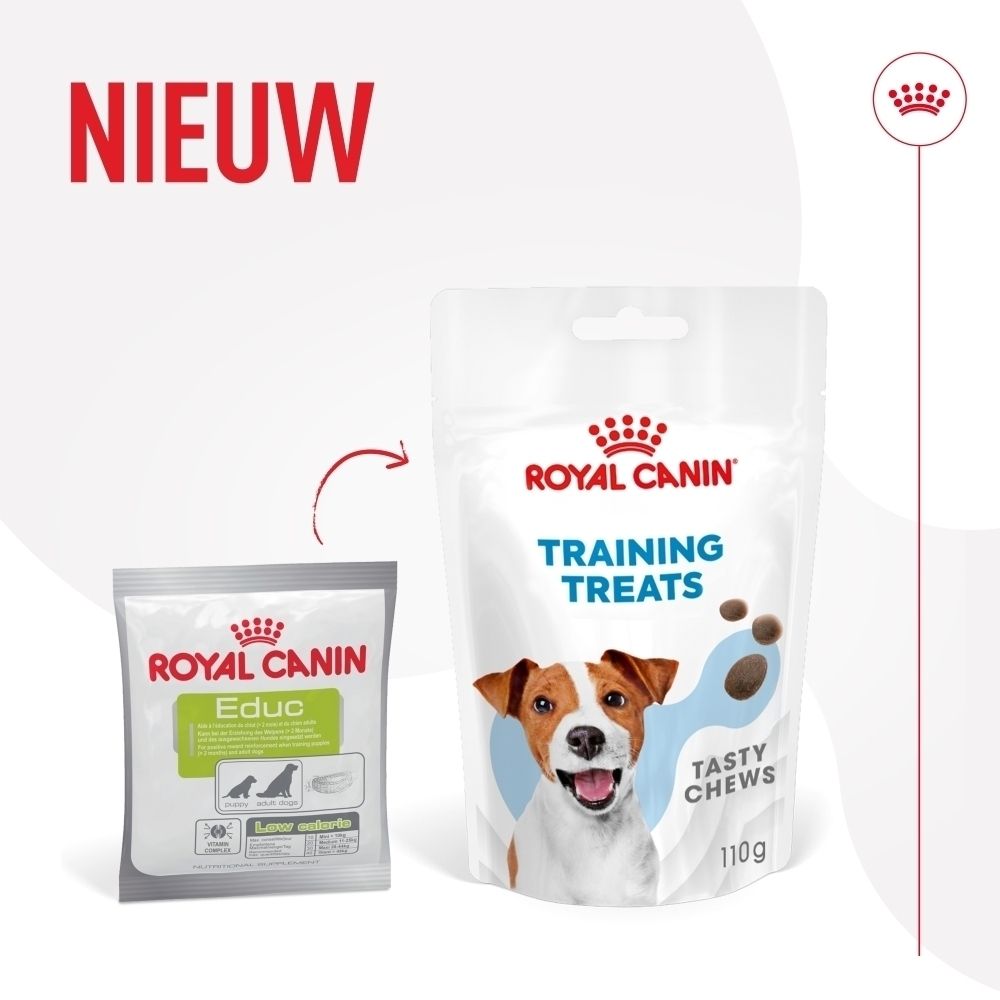 Royal Canin Training Treats zakje met honden gezicht en traktaties.