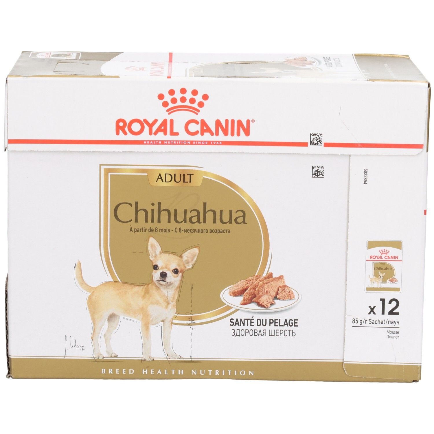 Boîte Royal Canin Chihuahua Adulte contenant 12 sachets de 85g. Image d'un Chihuahua et d'une gamelle de nourriture.