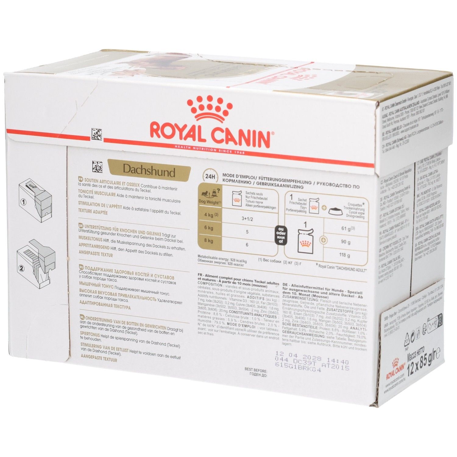 Zijaanzicht Royal Canin Dashond Adult voerbox met voedingsinstructies.
