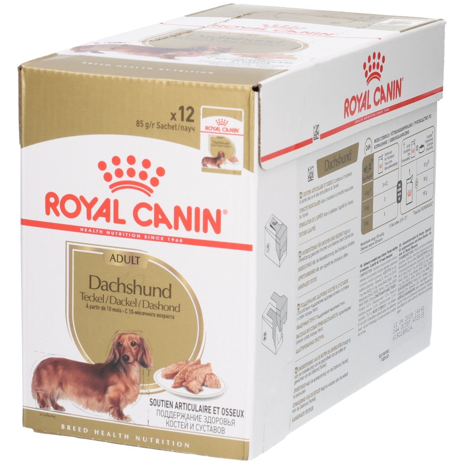 Royal Canin Dashond Adult voerbox, 12 zakjes, voor- en zijaanzicht.
