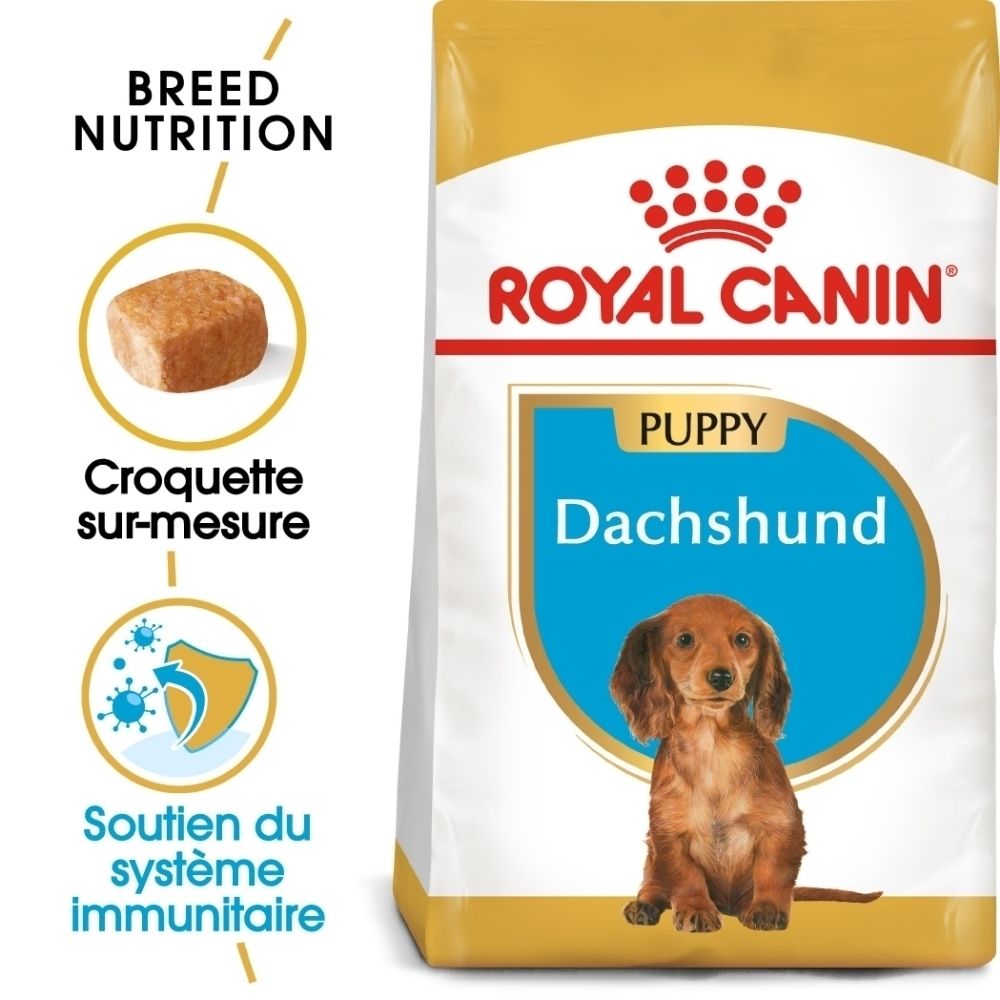 Avant d'un sac de nourriture Royal Canin pour chiot Teckel, 1,5 kg. Montre un chiot Teckel et l'inscription 'Puppy Dachshund'.
