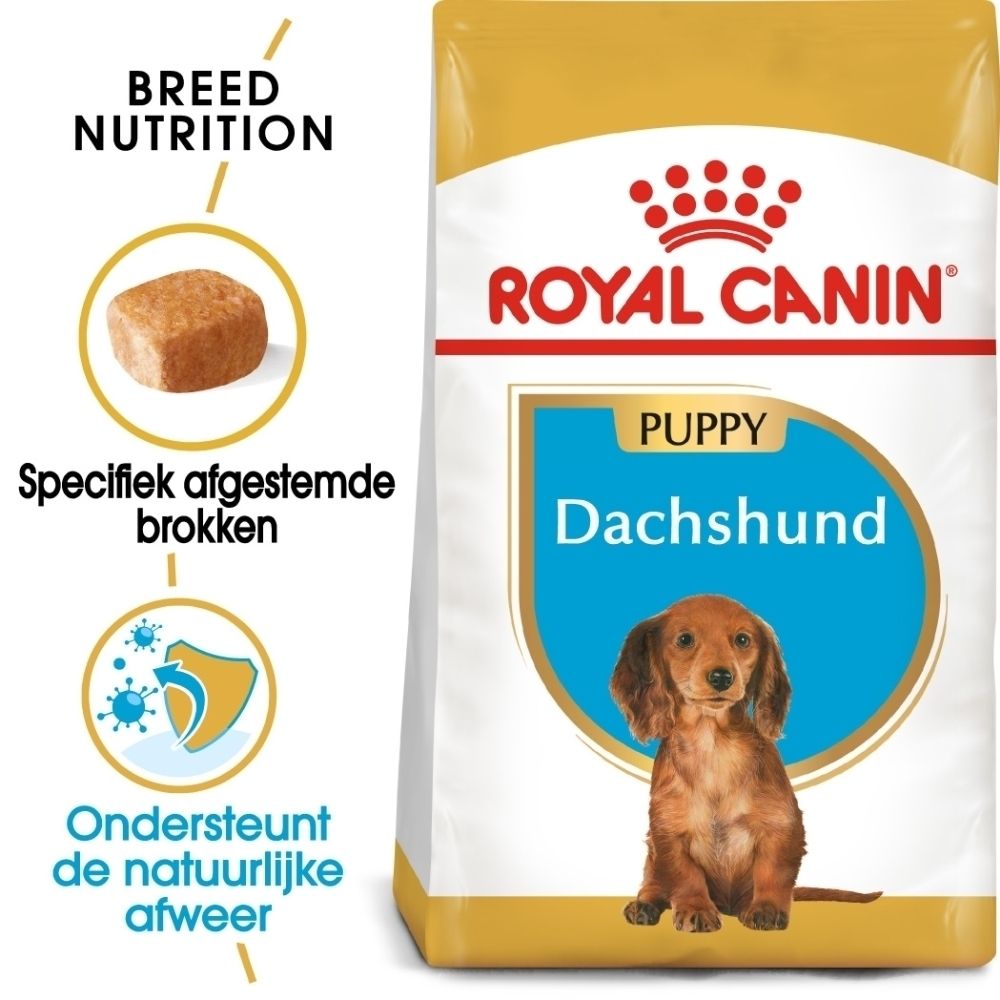 Voorkant van een zak Royal Canin Dashond Puppy voer, 1,5 kg. Toont een Dashond puppy en de tekst 'Puppy Dachshund'.