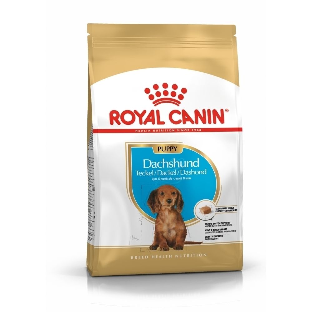 Voorkant van een zak Royal Canin Dashond Puppy voer, 1,5 kg. Toont een Dashond puppy en de tekst 'Puppy Dachshund'.