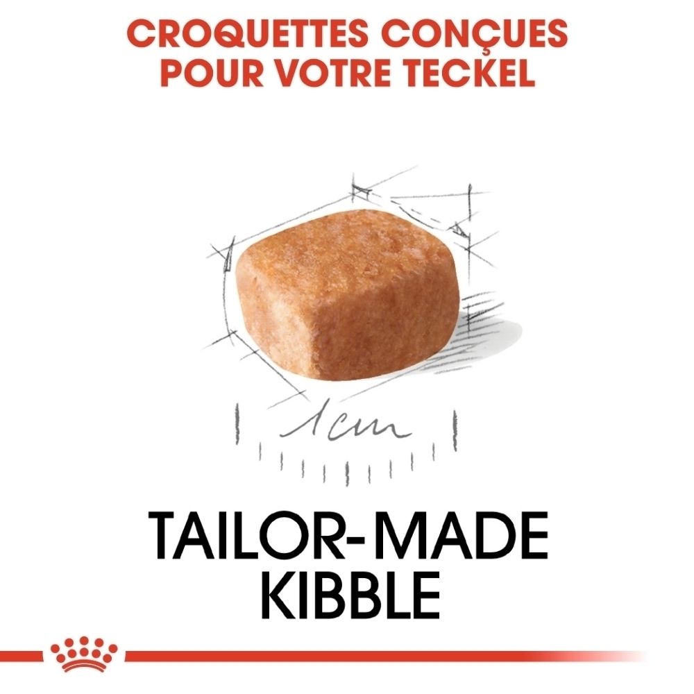 Avant d'un sac de nourriture Royal Canin pour chiot Teckel, 1,5 kg. Montre un chiot Teckel et l'inscription 'Puppy Dachshund'.